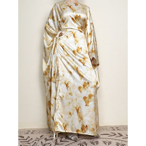 Golden Marble Print Satin Dress | Bell Sleeve Maxi with Adjustable Drawstring Waist (MA244)