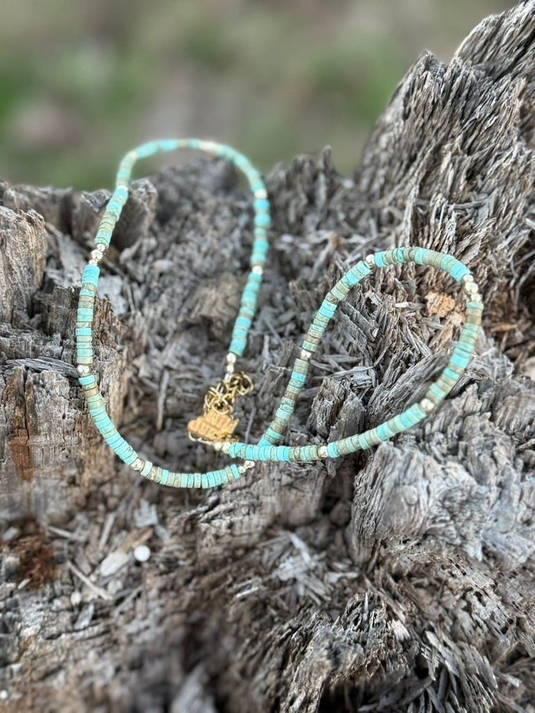 Wild Junkie Golden Turquoise Trail Heishi Beaded Necklace — back view
