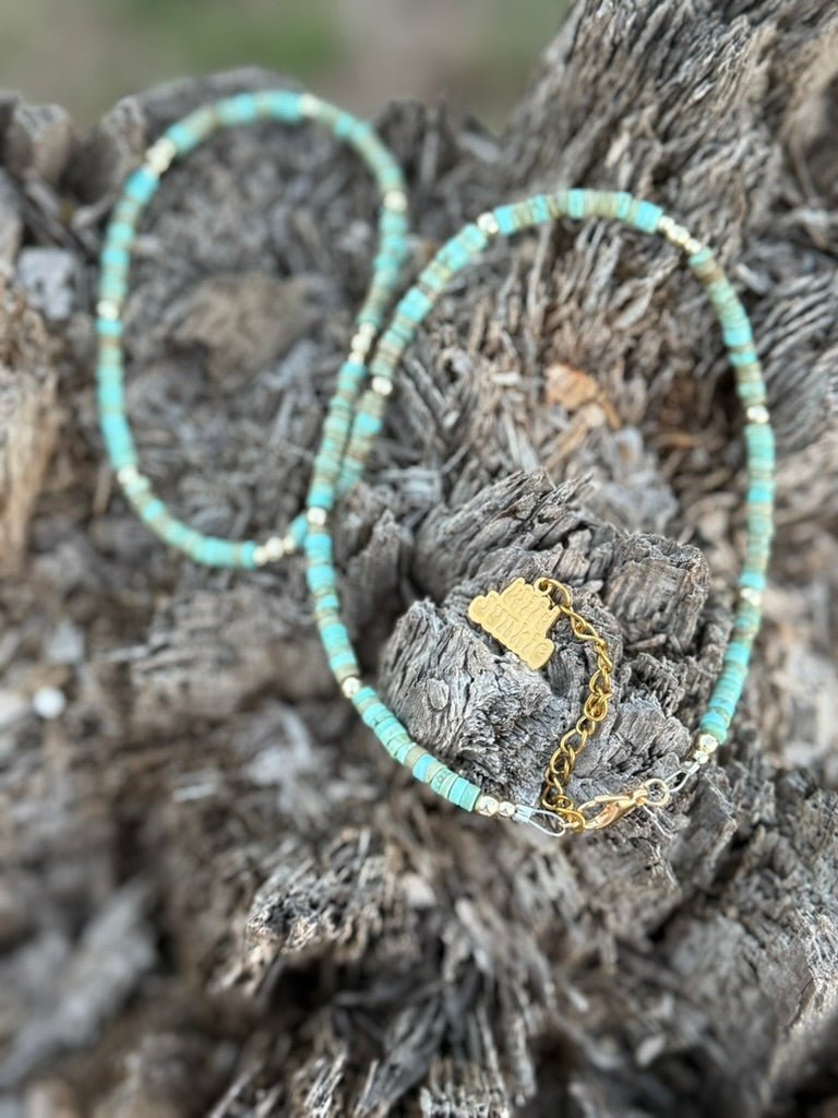 Wild Junkie Golden Turquoise Trail Heishi Beaded Necklace — detail close-up