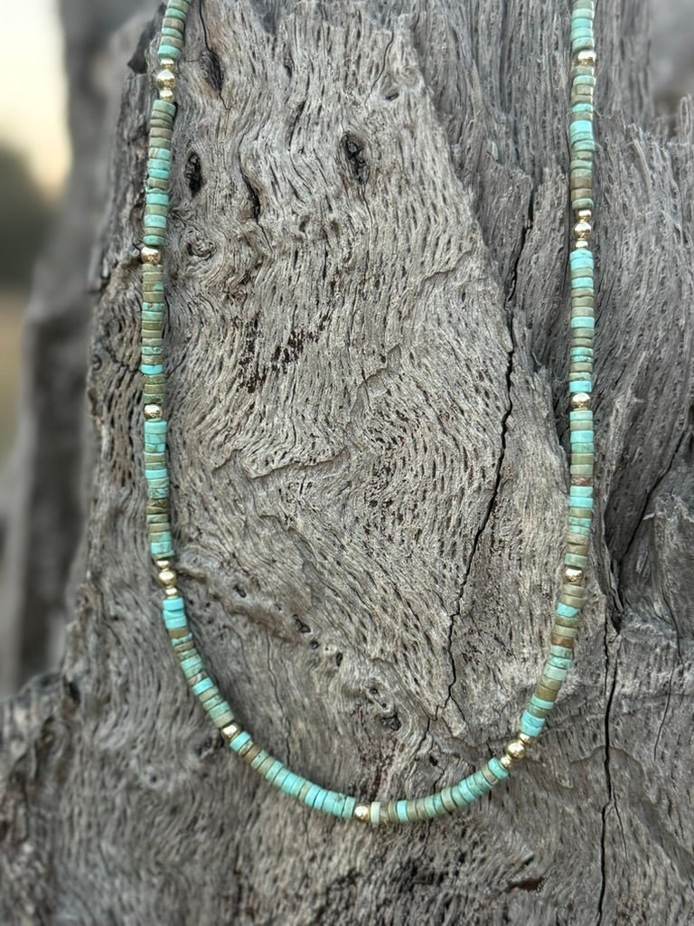 Wild Junkie Golden Turquoise Trail Heishi Beaded Necklace — lifestyle context