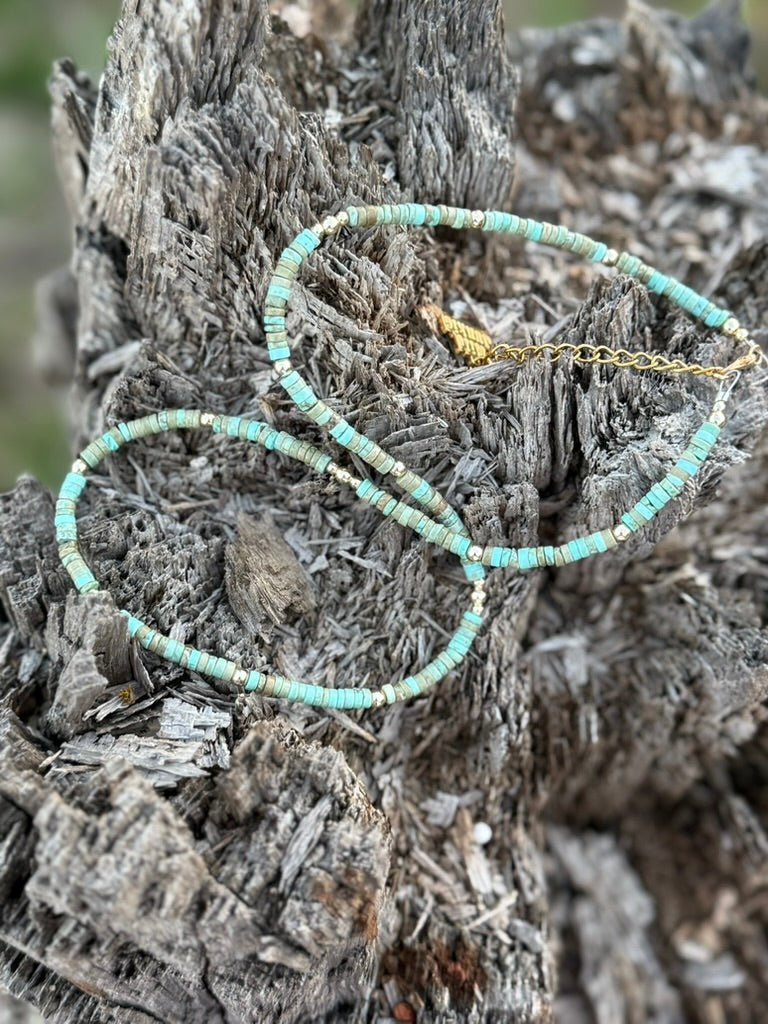 Wild Junkie Golden Turquoise Trail Heishi Beaded Necklace — side view