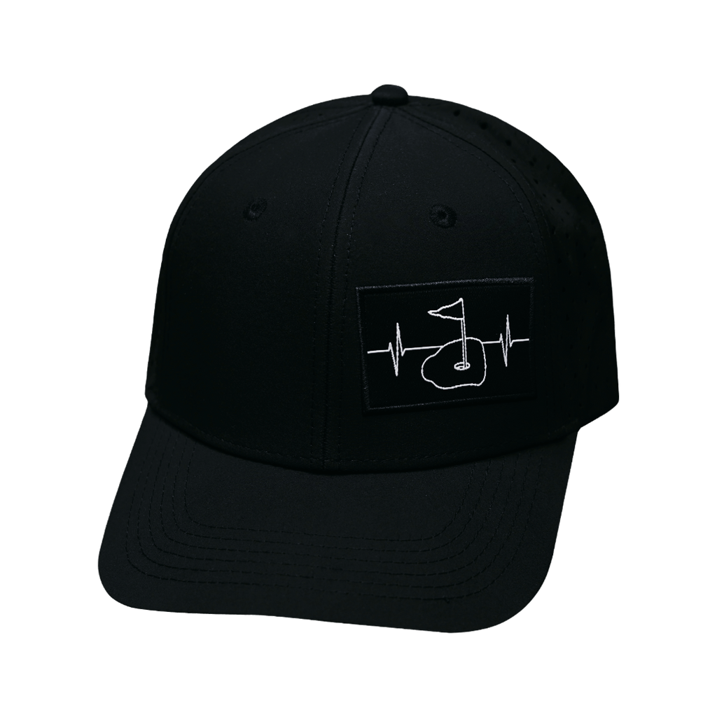 The Heartbeat Brand Golf Hat - Baseball Hat Fit - Black - Laser Mesh — back view
