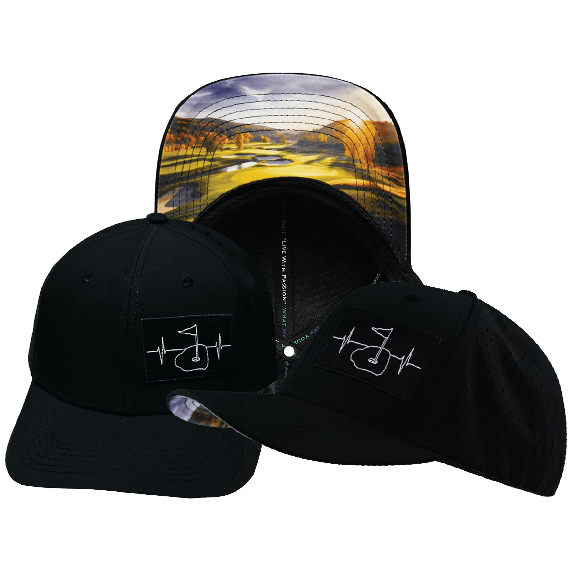 The Heartbeat Brand Golf Hat - Baseball Hat Fit - Black - Laser Mesh — main product shot