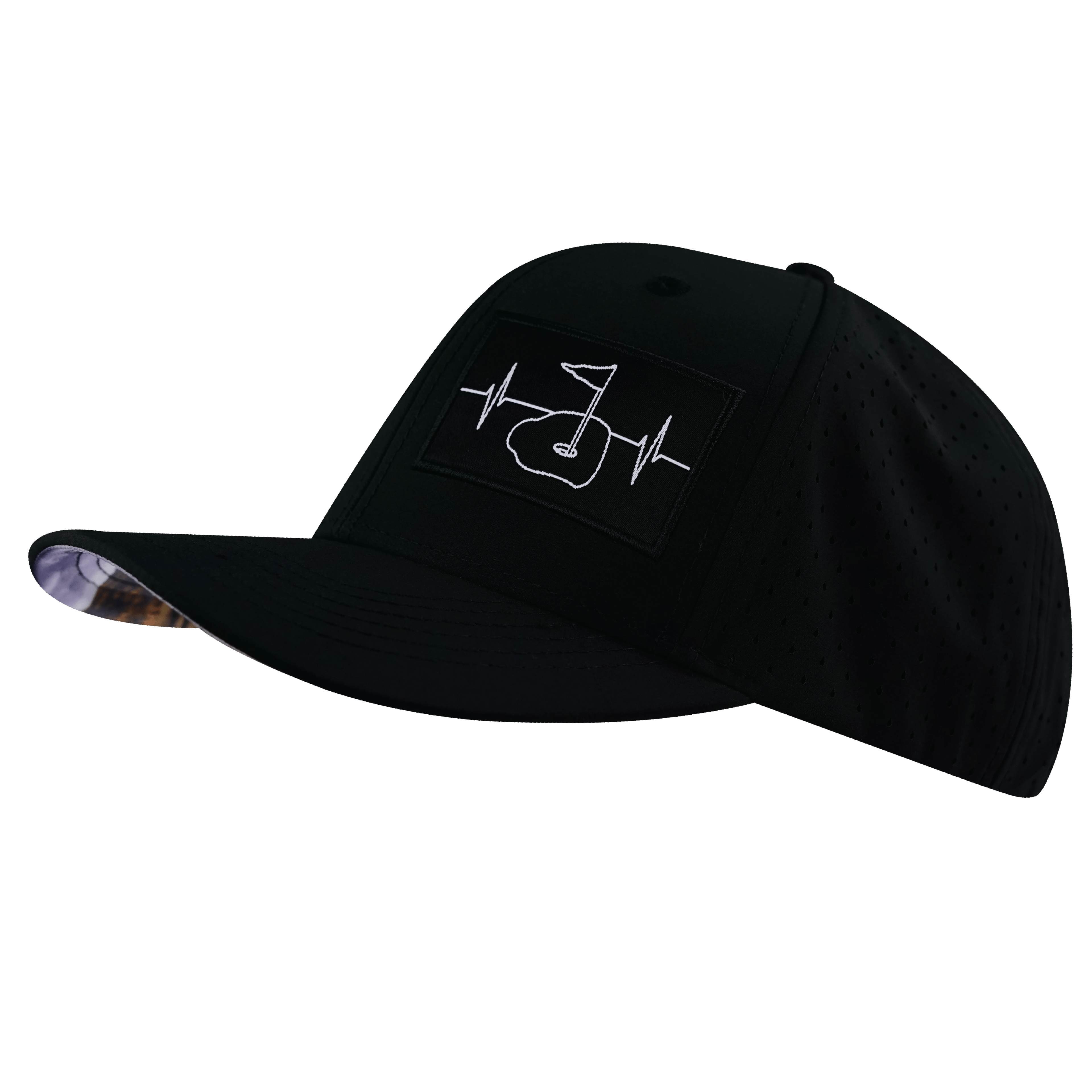 The Heartbeat Brand Golf Hat - Baseball Hat Fit - Black - Laser Mesh — side view