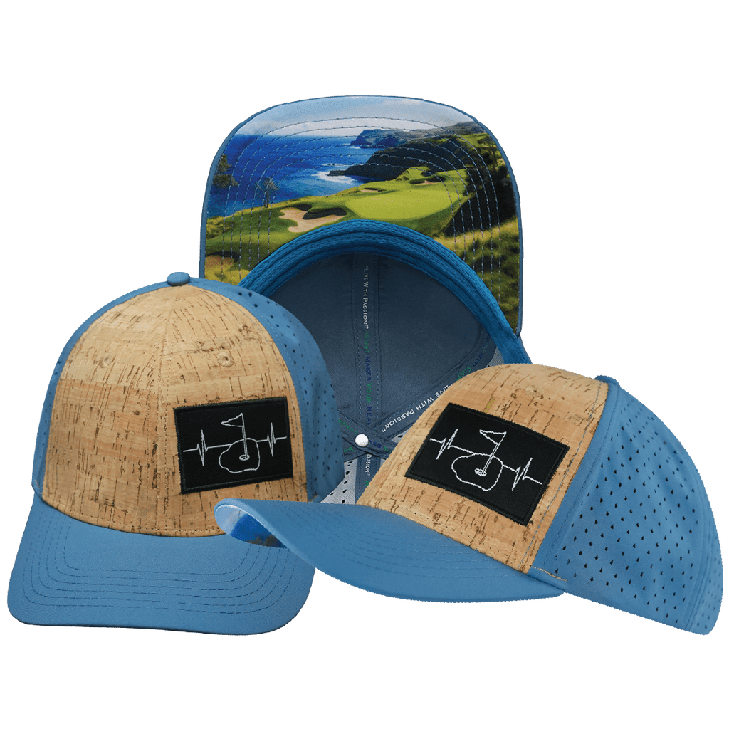 The Heartbeat Brand Golf Hat - Baseball Hat Fit - Cork - Slate Blue - Laser Mesh — main product shot
