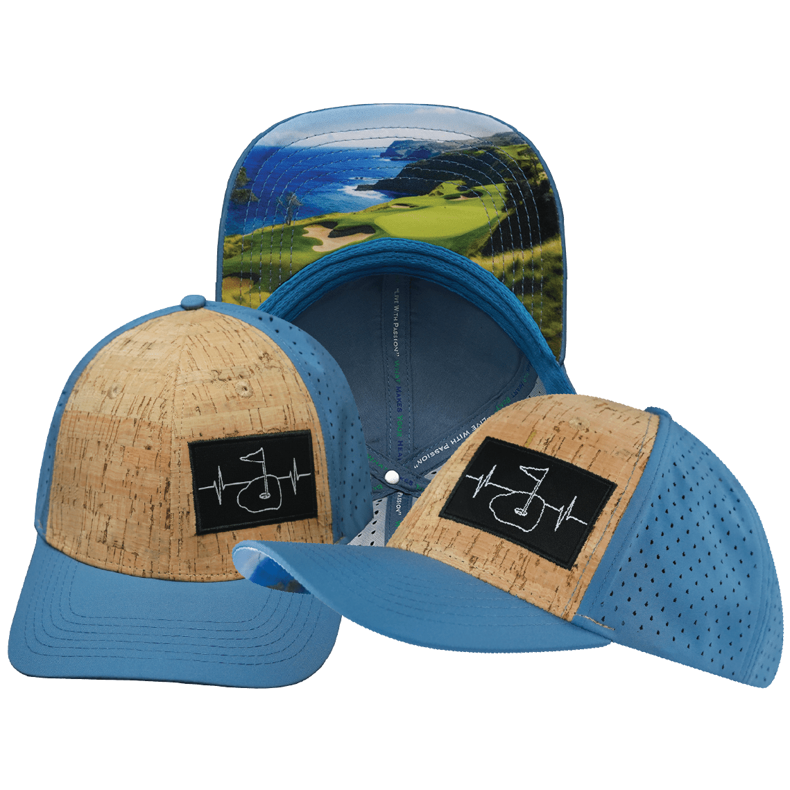 The Heartbeat Brand Golf Hat - Baseball Hat Fit - Cork - Slate Blue - Laser Mesh — main product shot