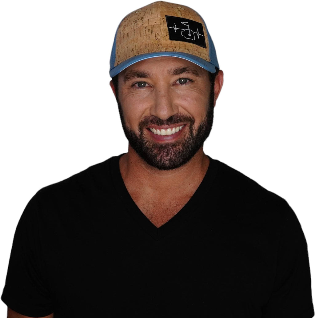 The Heartbeat Brand Golf Hat - Baseball Hat Fit - Cork - Slate Blue - Laser Mesh — detail close-up