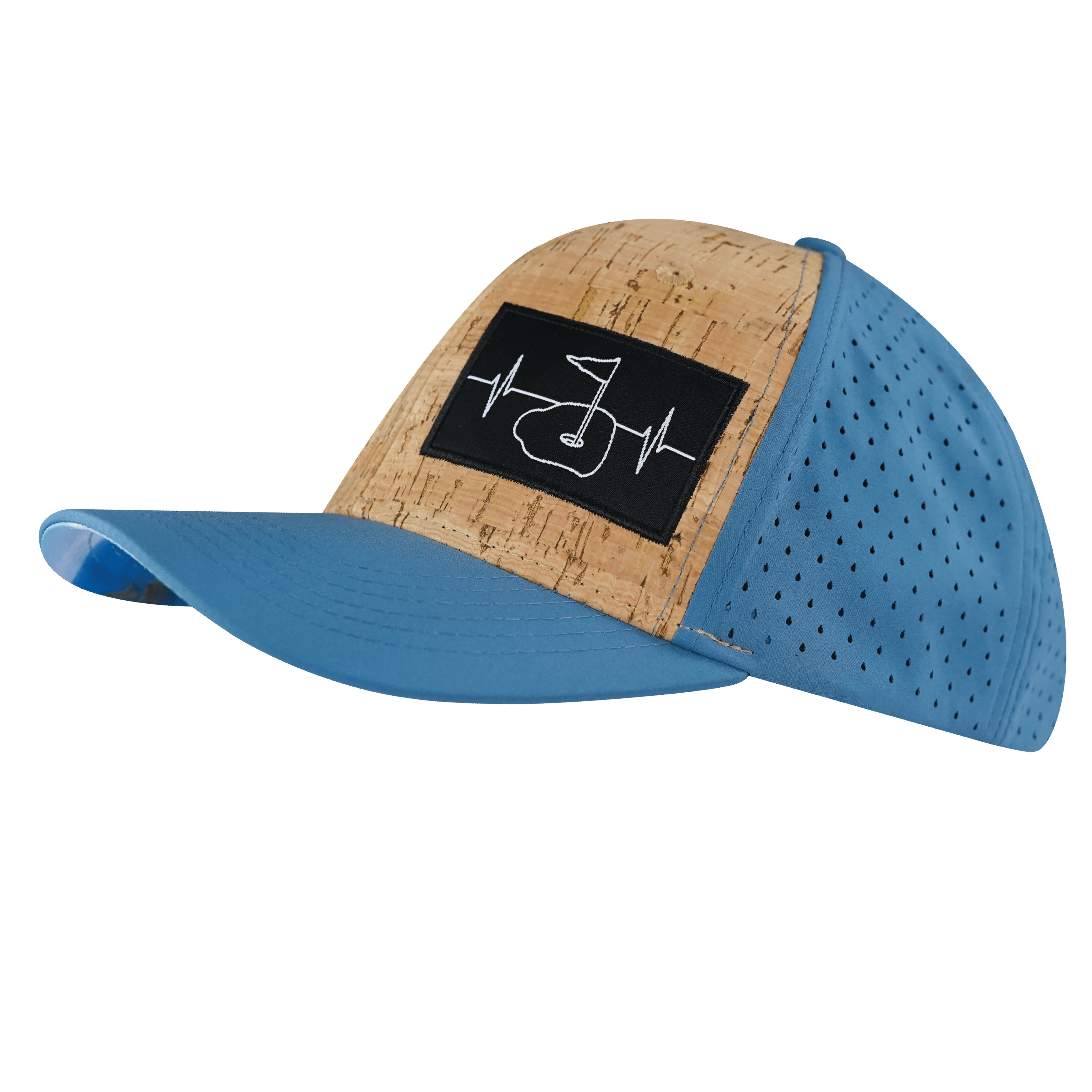 The Heartbeat Brand Golf Hat - Baseball Hat Fit - Cork - Slate Blue - Laser Mesh — side view