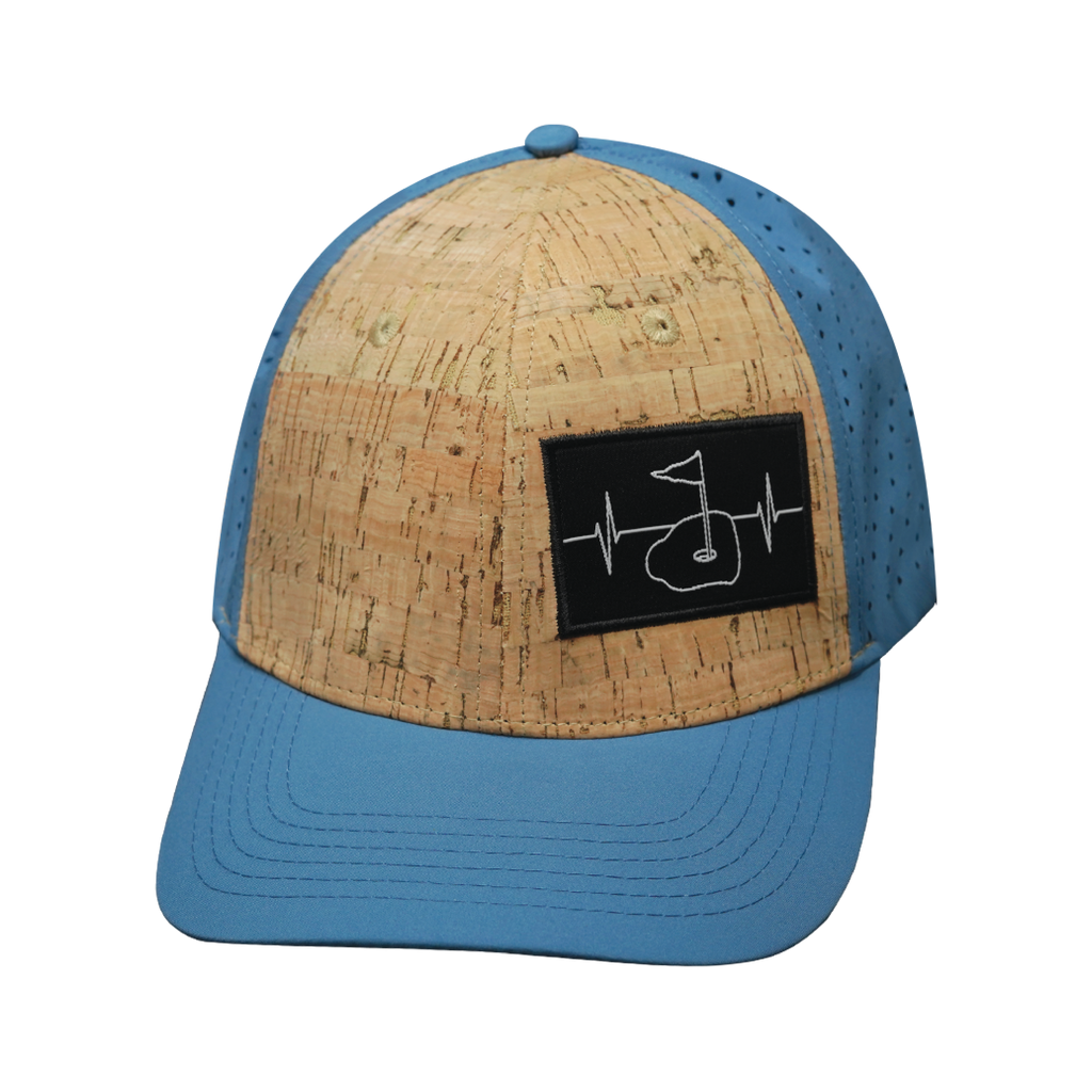 The Heartbeat Brand Golf Hat - Baseball Hat Fit - Cork - Slate Blue - Laser Mesh — back view