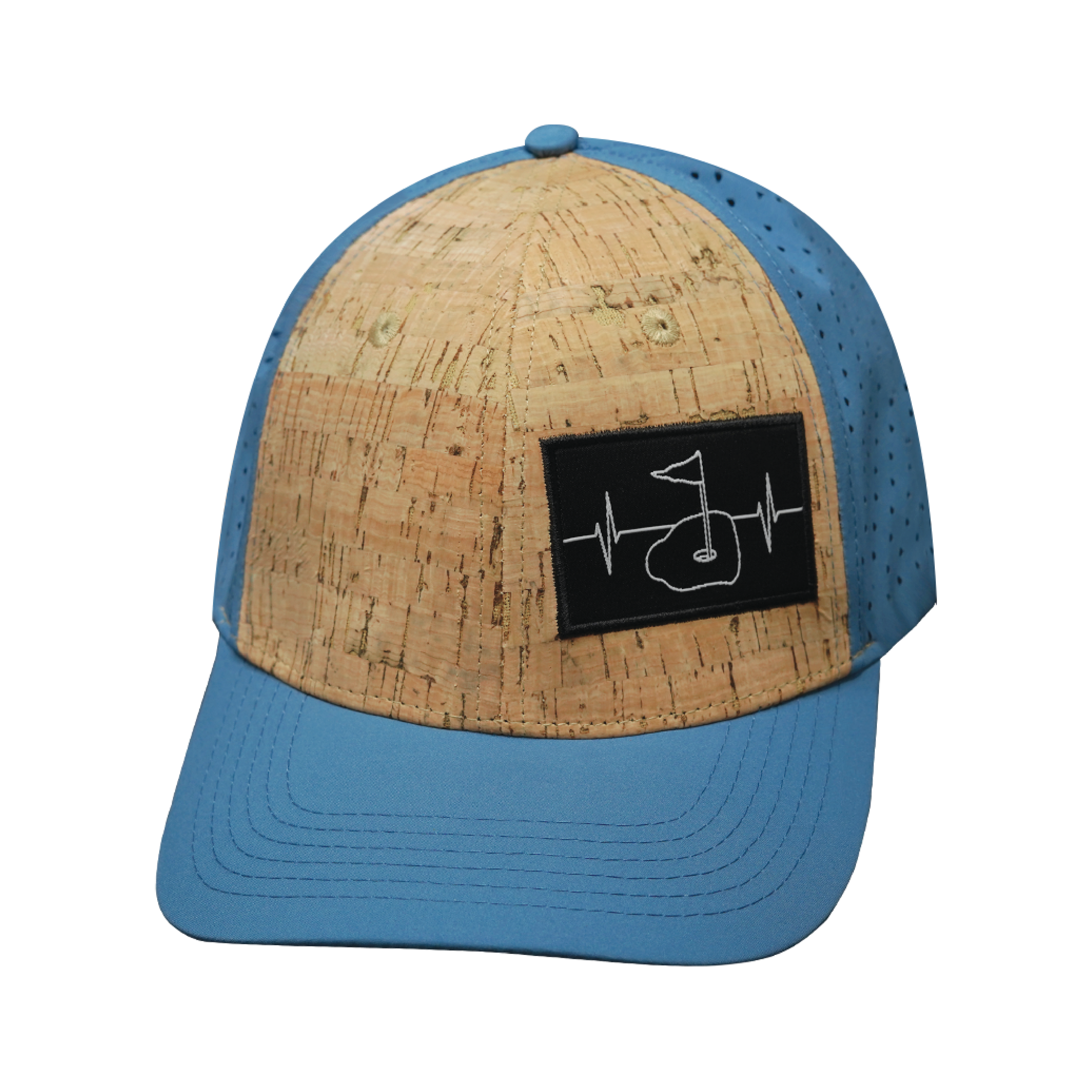 The Heartbeat Brand Golf Hat - Baseball Hat Fit - Cork - Slate Blue - Laser Mesh — back view
