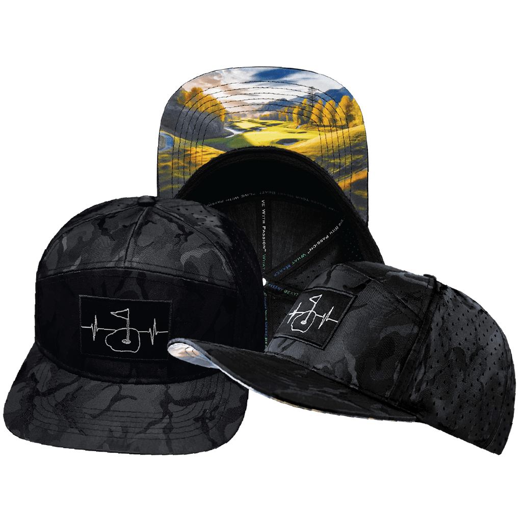 The Heartbeat Brand Golf Hat - Flat Bill - Black Camo - Laser Mesh — main product shot