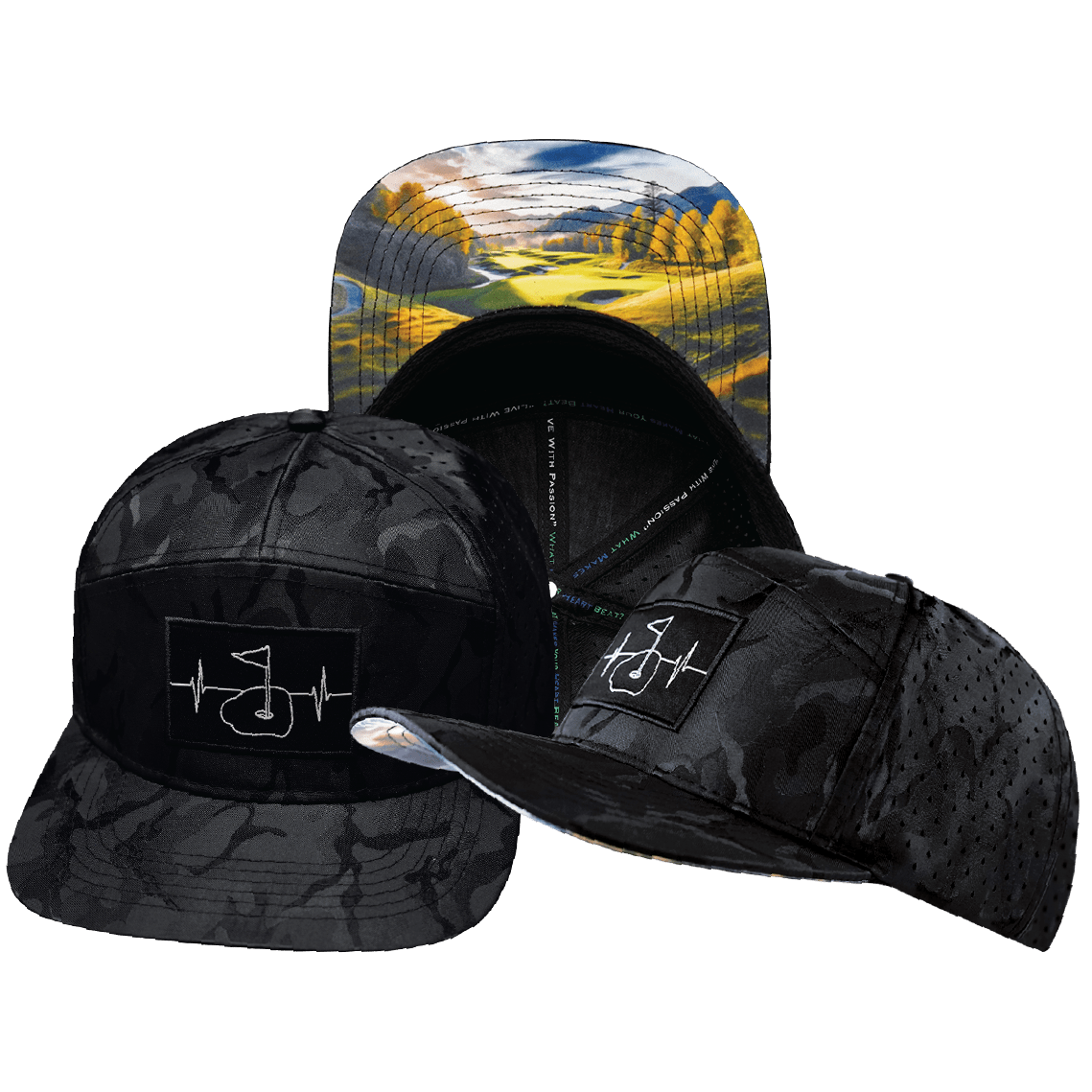 The Heartbeat Brand Golf Hat - Flat Bill - Black Camo - Laser Mesh — main product shot