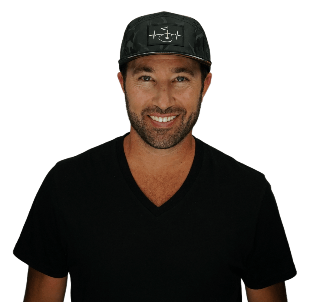 The Heartbeat Brand Golf Hat - Flat Bill - Black Camo - Laser Mesh — detail close-up