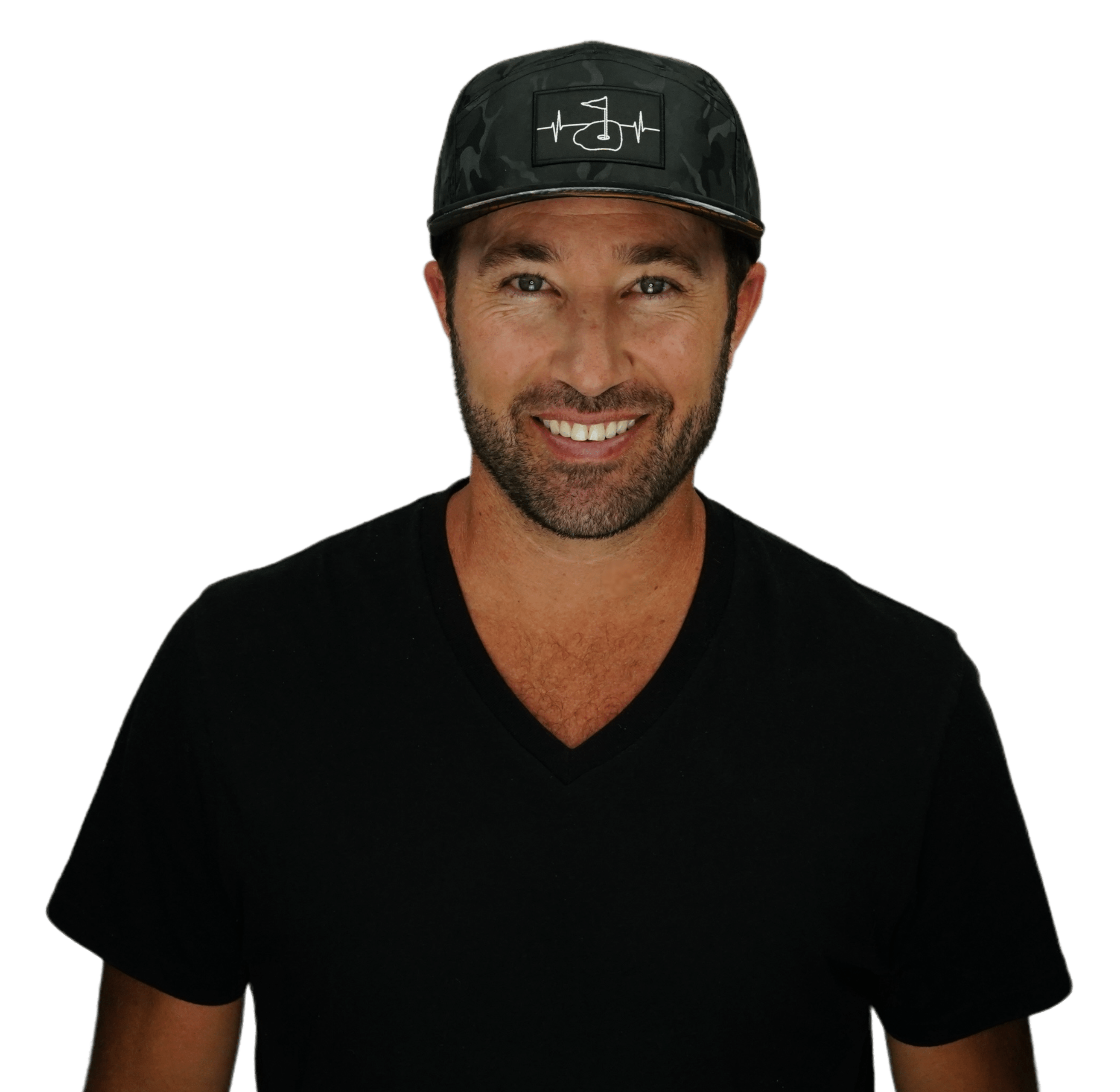 The Heartbeat Brand Golf Hat - Flat Bill - Black Camo - Laser Mesh — detail close-up