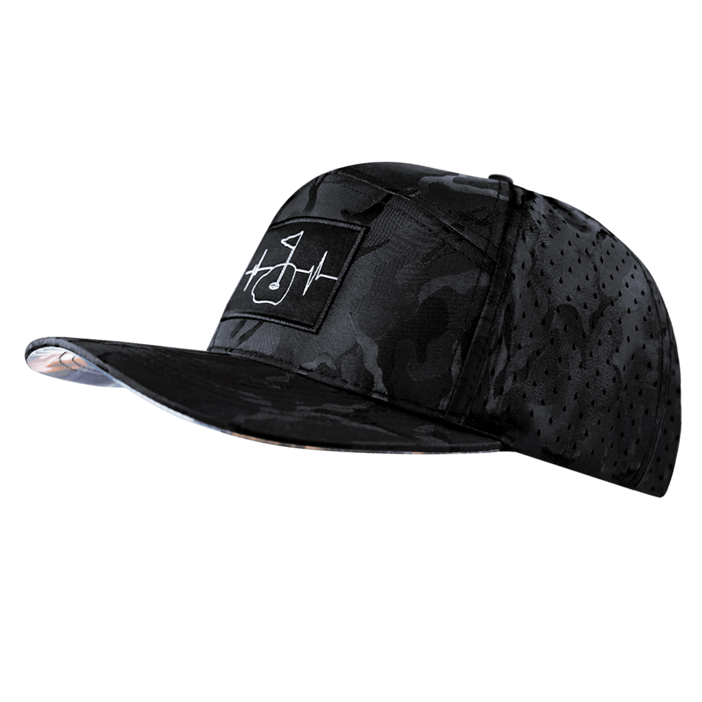 The Heartbeat Brand Golf Hat - Flat Bill - Black Camo - Laser Mesh — side view