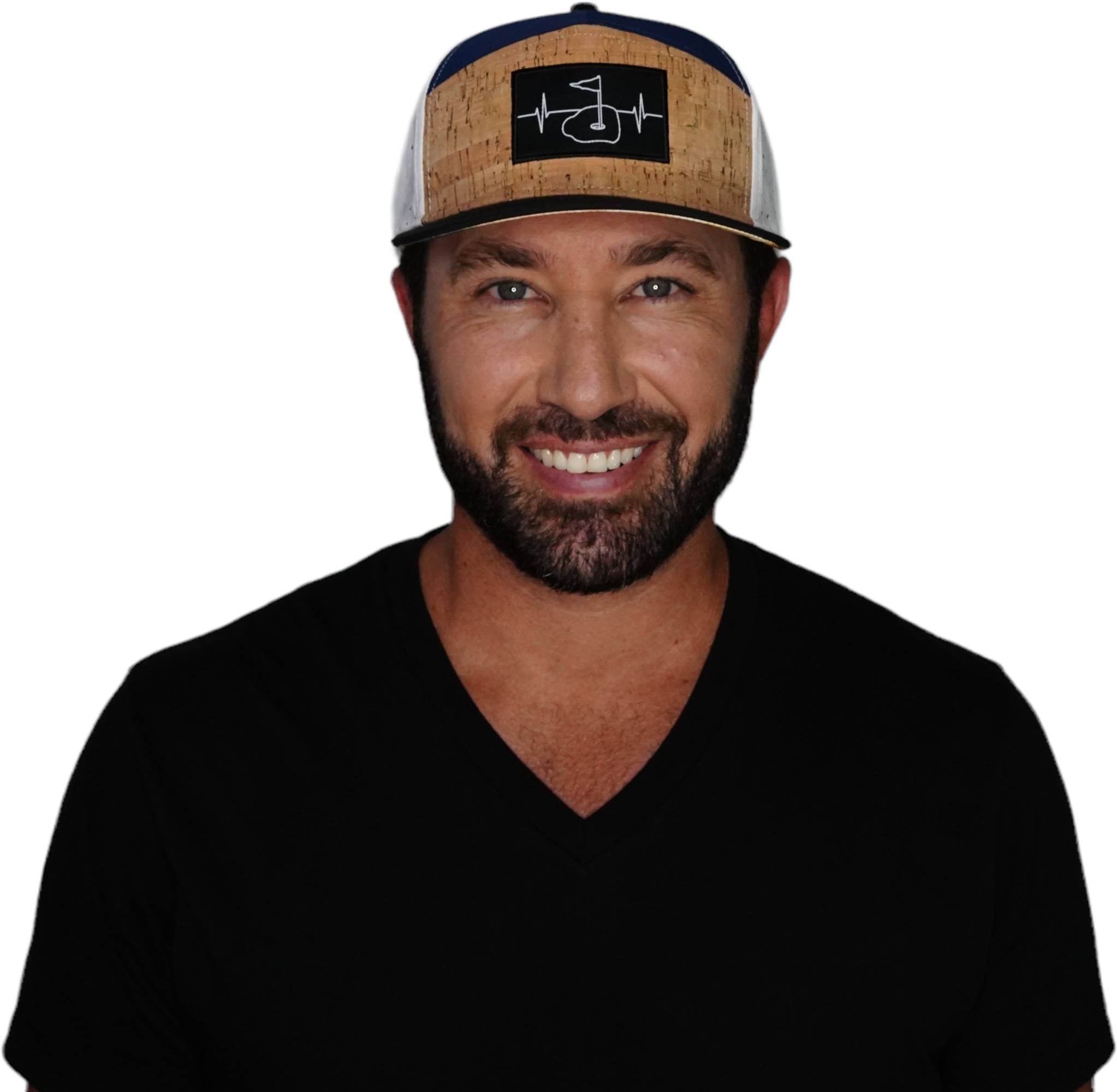 The Heartbeat Brand Golf Hat - Flat Bill - Cork - Black / Navy / White - Laser Mesh — Black detail