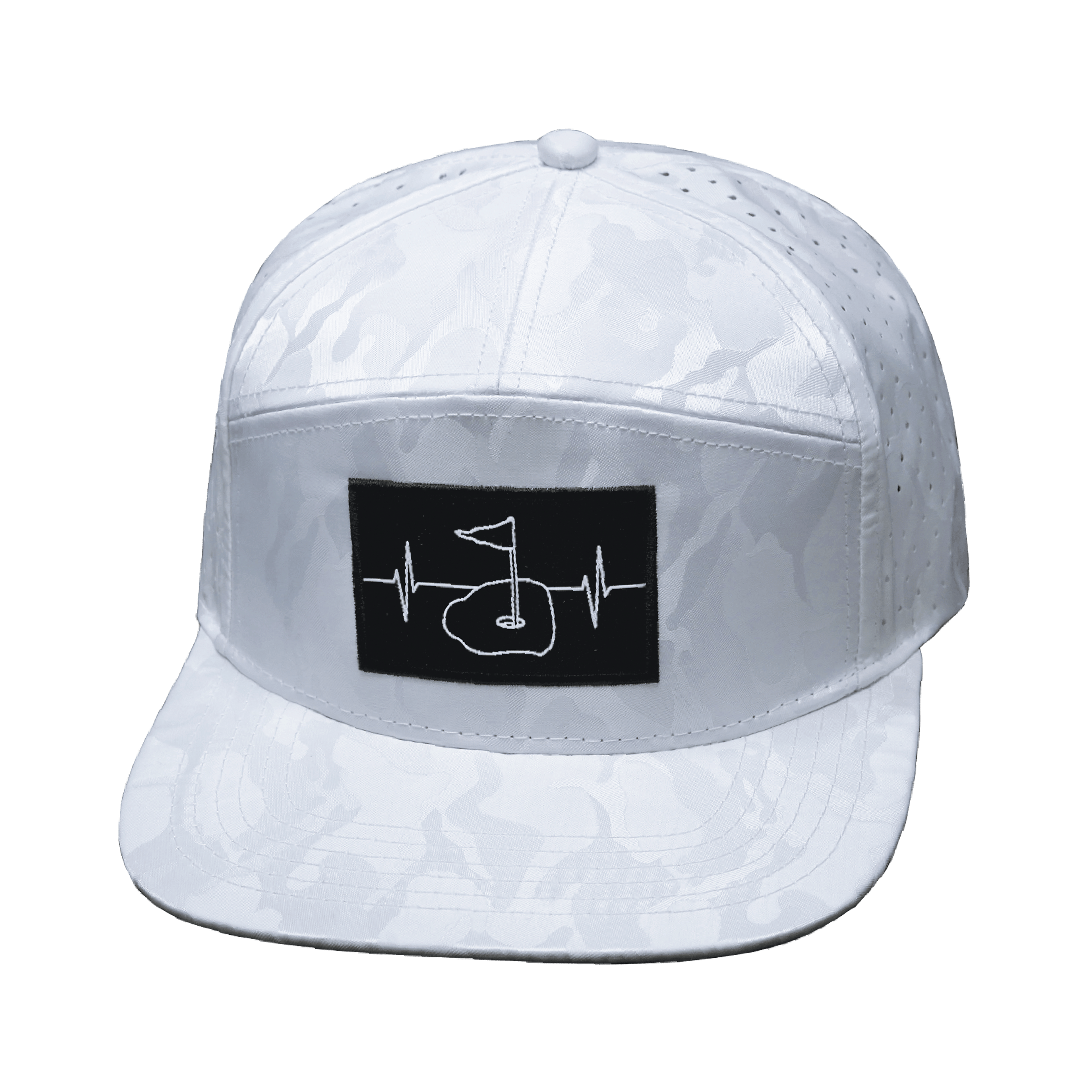 The Heartbeat Brand Golf Hat - Flat Bill - White Camo - Laser Mesh — lifestyle worn / used context