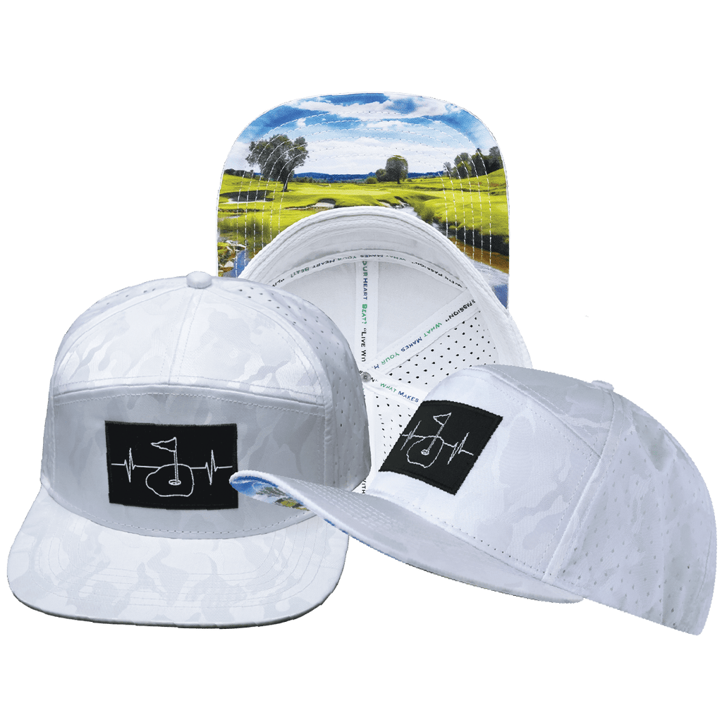 The Heartbeat Brand Golf Hat - Flat Bill - White Camo - Laser Mesh — main product shot