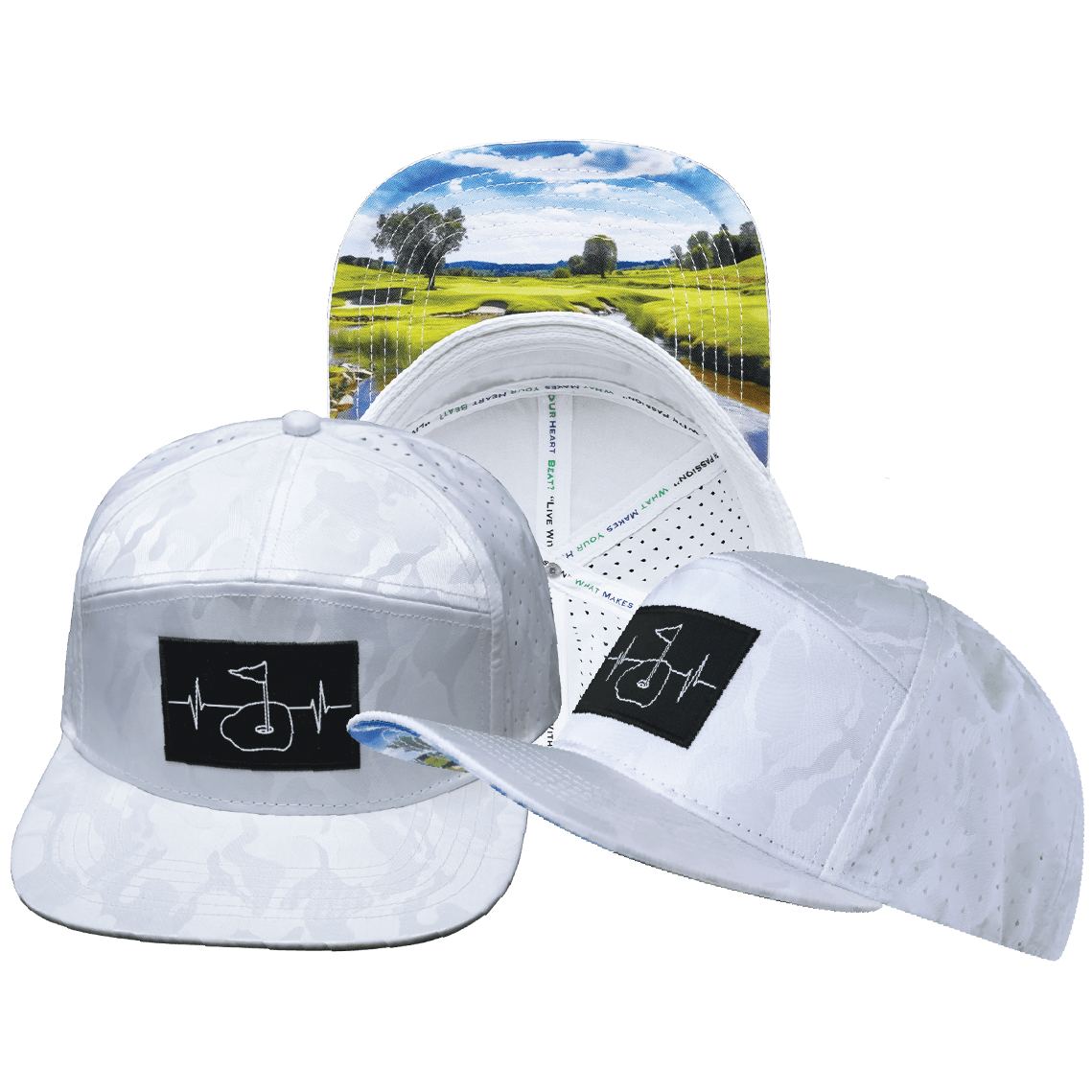 The Heartbeat Brand Golf Hat - Flat Bill - White Camo - Laser Mesh — main product shot