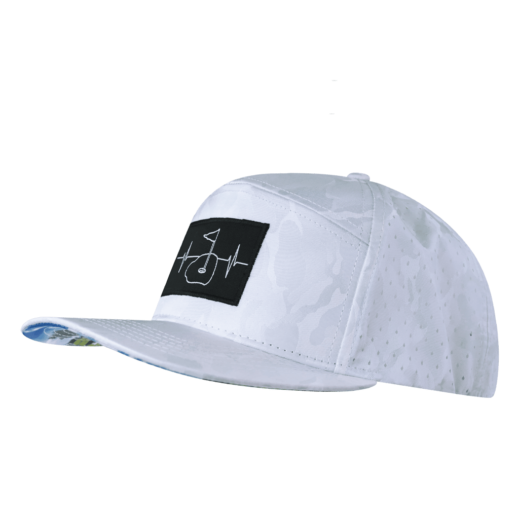 The Heartbeat Brand Golf Hat - Flat Bill - White Camo - Laser Mesh — The Heartbeat Brand branding close-up