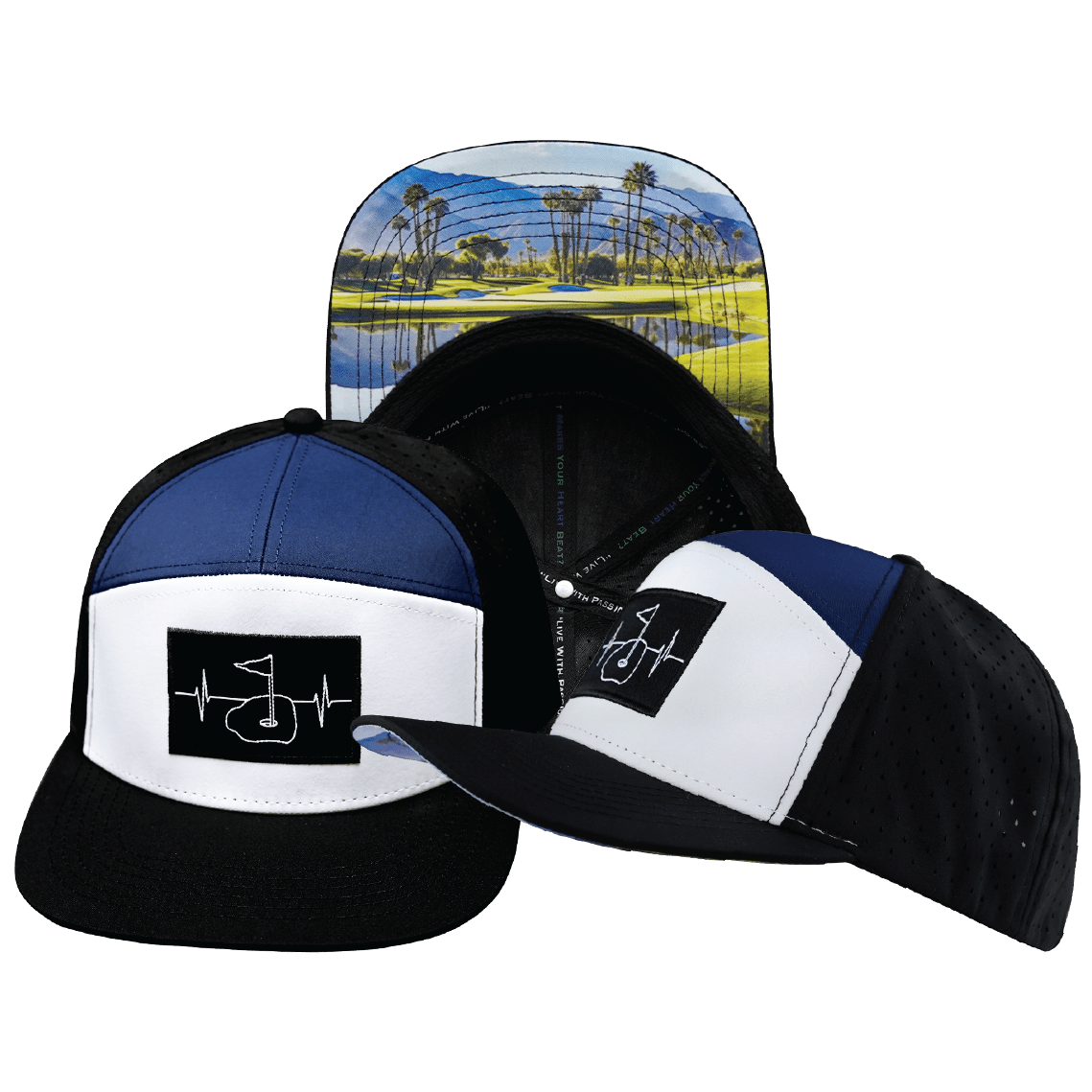 The Heartbeat Brand Golf Flat Bill Hat — Black / White / Navy — main product shot