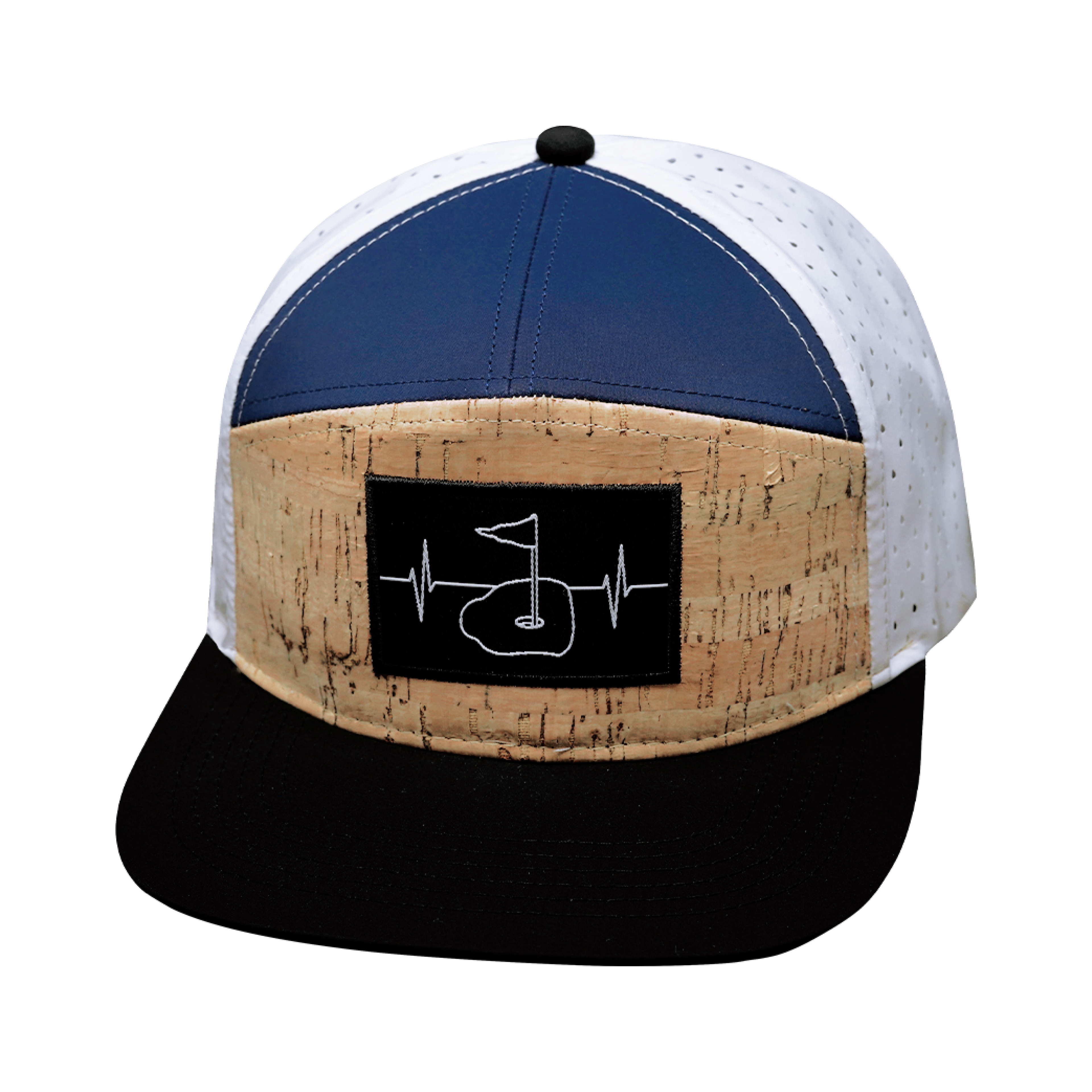 The Heartbeat Brand Golf Hat - Flat Bill - Cork - Black / Navy / White - Laser Mesh — lifestyle worn / used context
