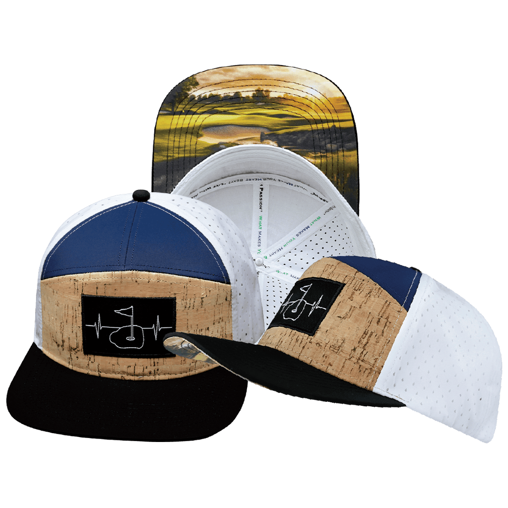 The Heartbeat Brand Golf Hat - Flat Bill - Cork - Black / Navy / White - Laser Mesh — main product shot