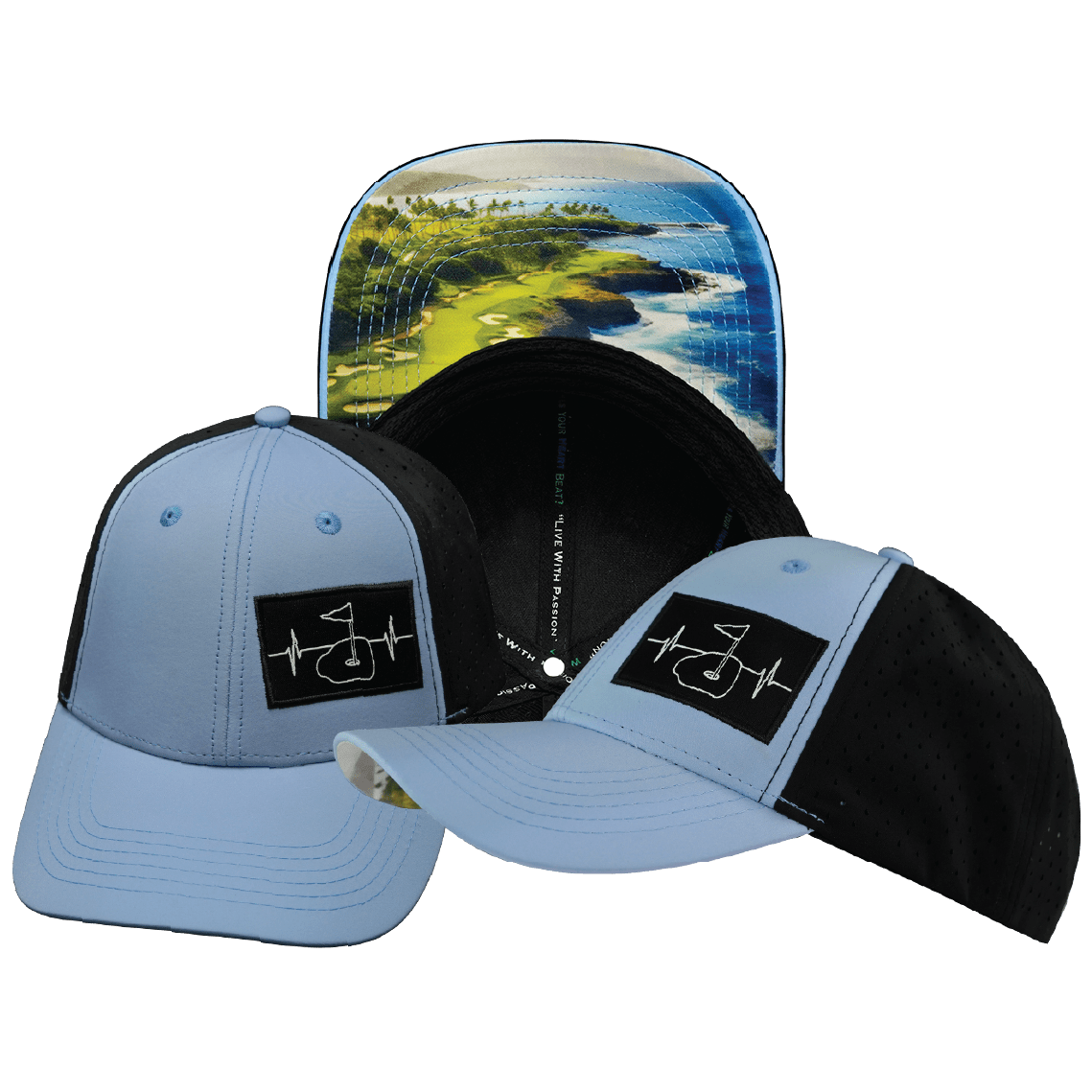 The Heartbeat Brand Golf Low Profile Hat — Ponytail / Baby Blue / Black — main product shot
