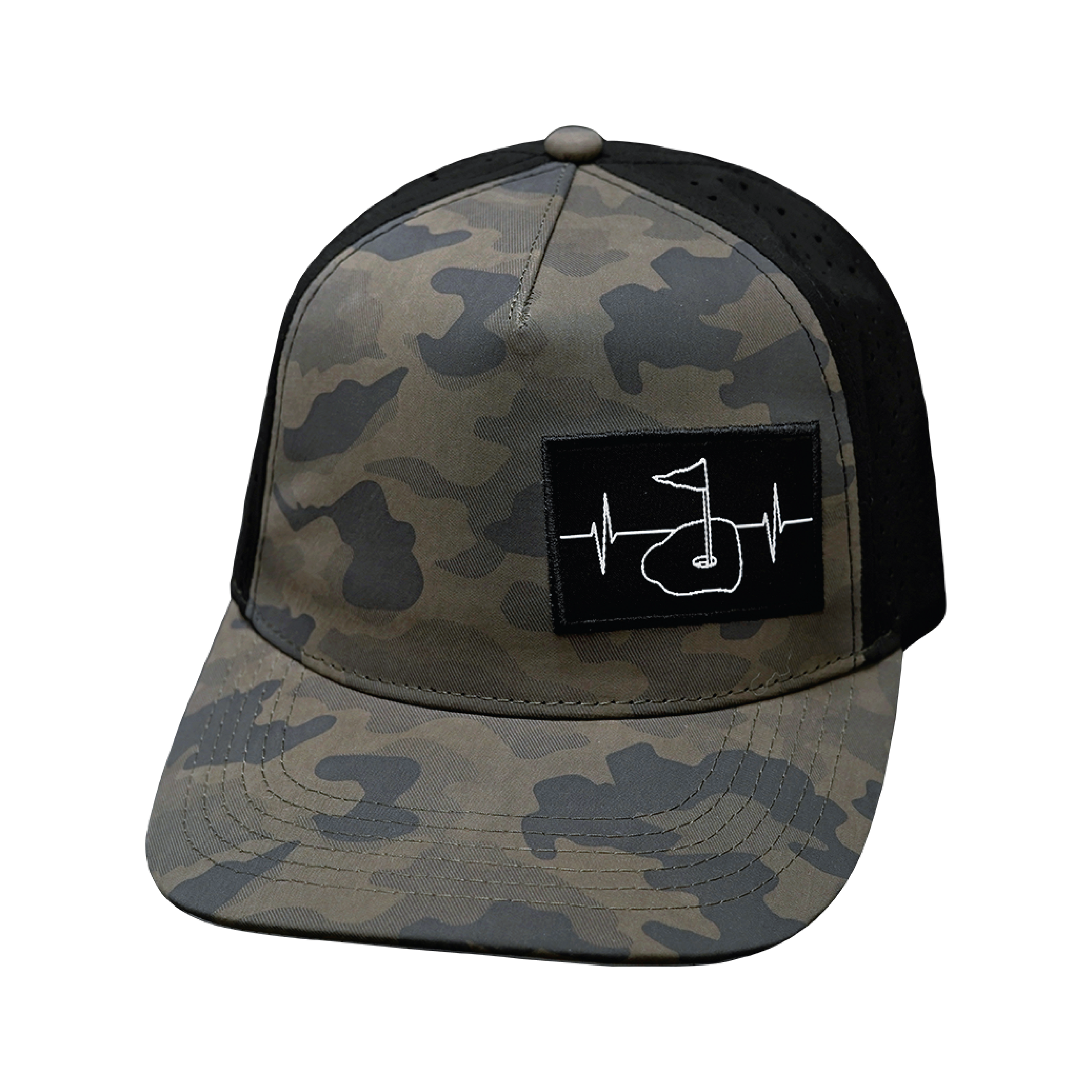 Golf Hat - Trucker Hat - Soft Charcoal Camo / Black - Laser Mesh