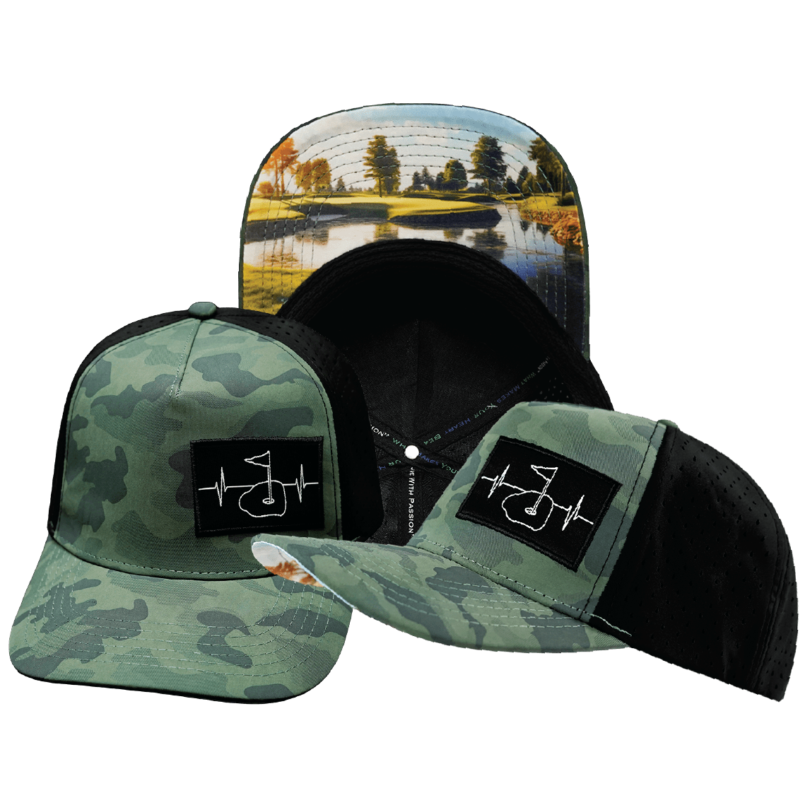 The Heartbeat Brand Golf Trucker Hat — Soft Teal Camo / Black — main product shot