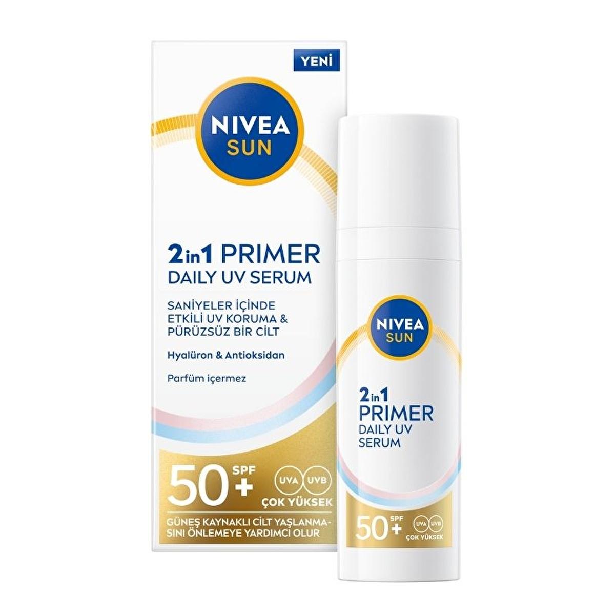 Nivea Sun SPF 50 2-in-1 UV Protection & Smoothing Primer Serum: Anti-Aging, Broad Spectrum Sunscreen with Hyaluronic Acid - Fragrance-Free, Makeup Ready