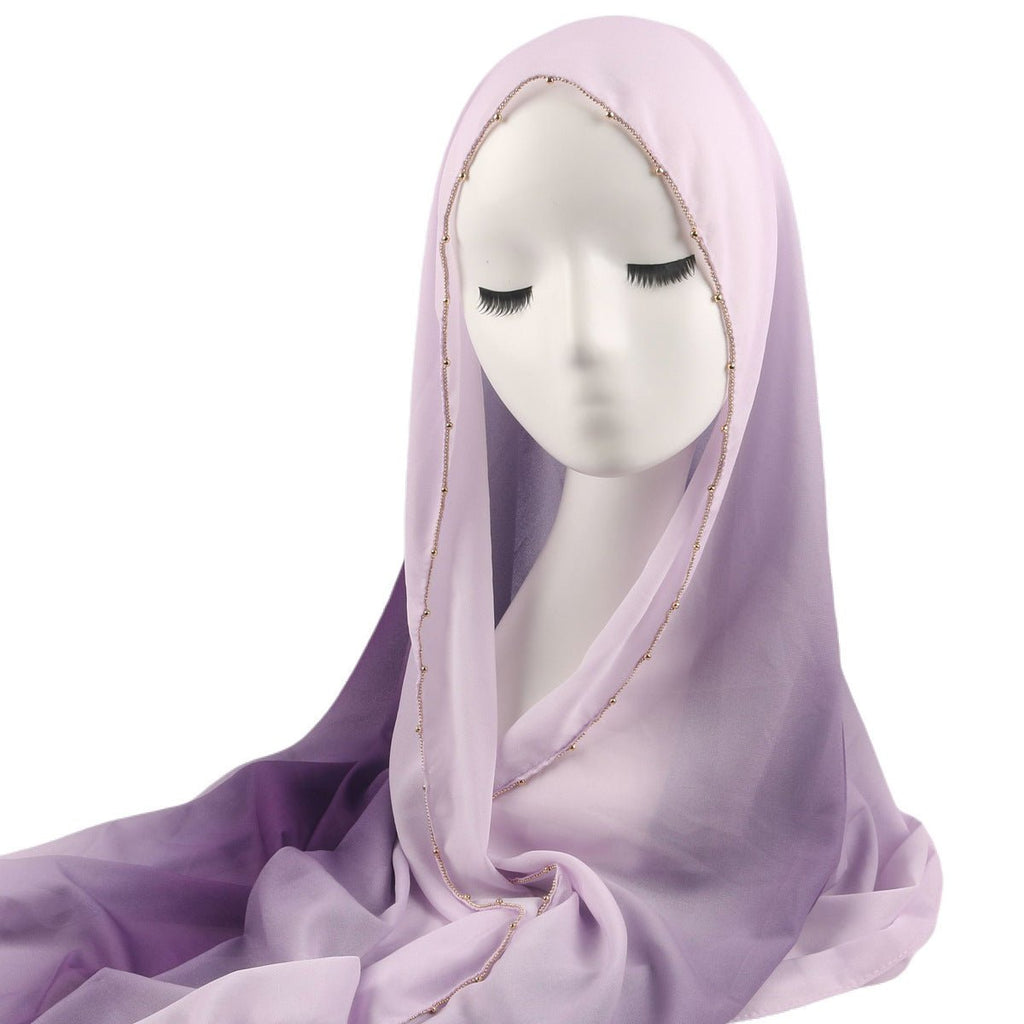 Mariam's Collection Gradient Colour Pearl Chiffon Beaded Chain Hijab (MH137) — lifestyle worn / used context