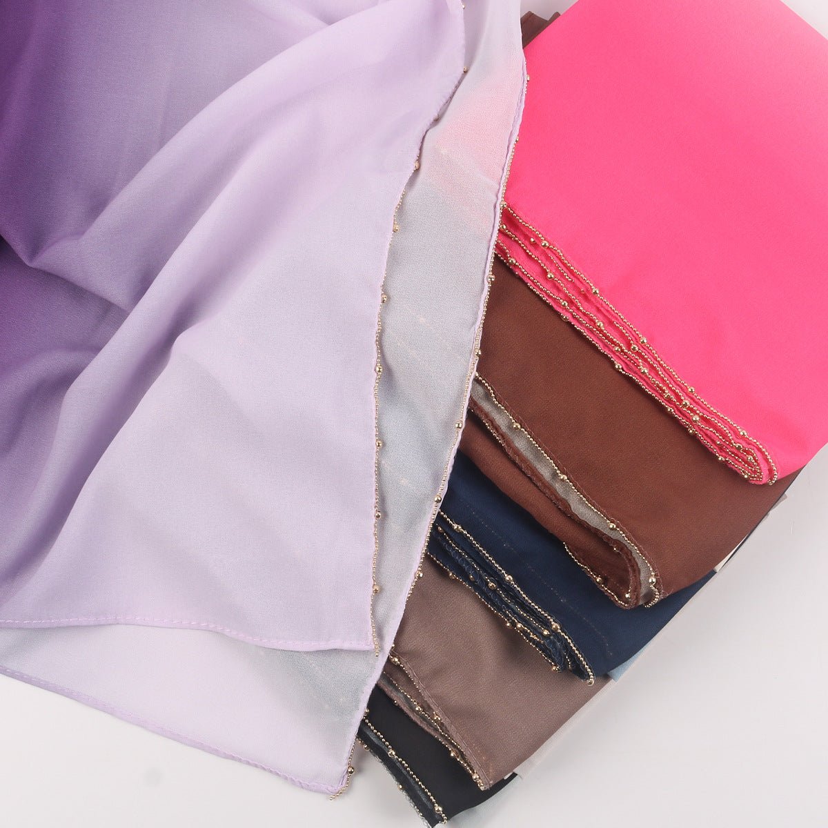 Mariam's Collection Gradient Colour Pearl Chiffon Beaded Chain Hijab (MH137) — Mariam's Collection branding close-up