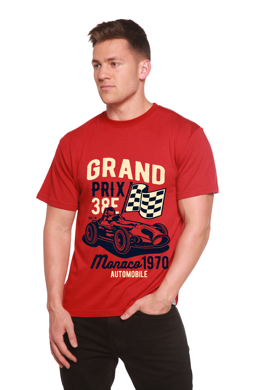Spun Bamboo Grand Prix Men's Bamboo Viscose/Organic Cotton Short Sleeve Graphic T-Shirt — detail close-up