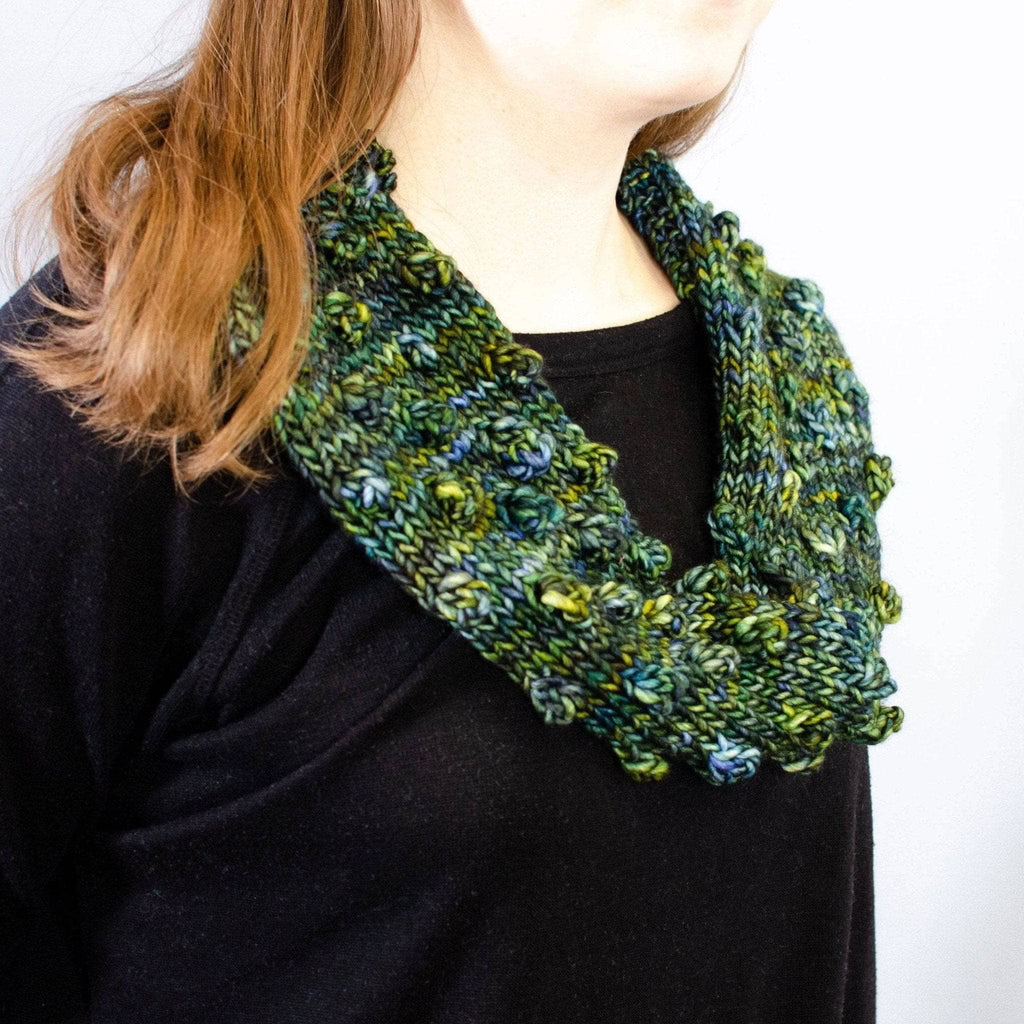 Darn Good Yarn Darn Good Yarn Green Goddess Infinity Scarf Knit Kit — Darn Good Yarn branding close-up