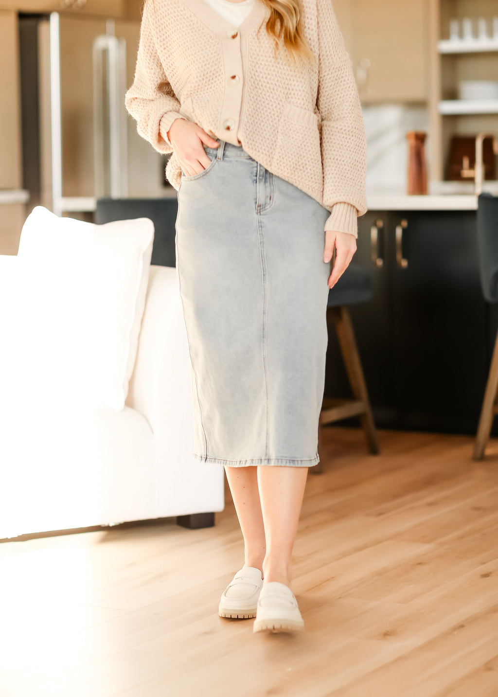 Inherit Co. Greta Light Wash Midi Denim Skirt — color detail