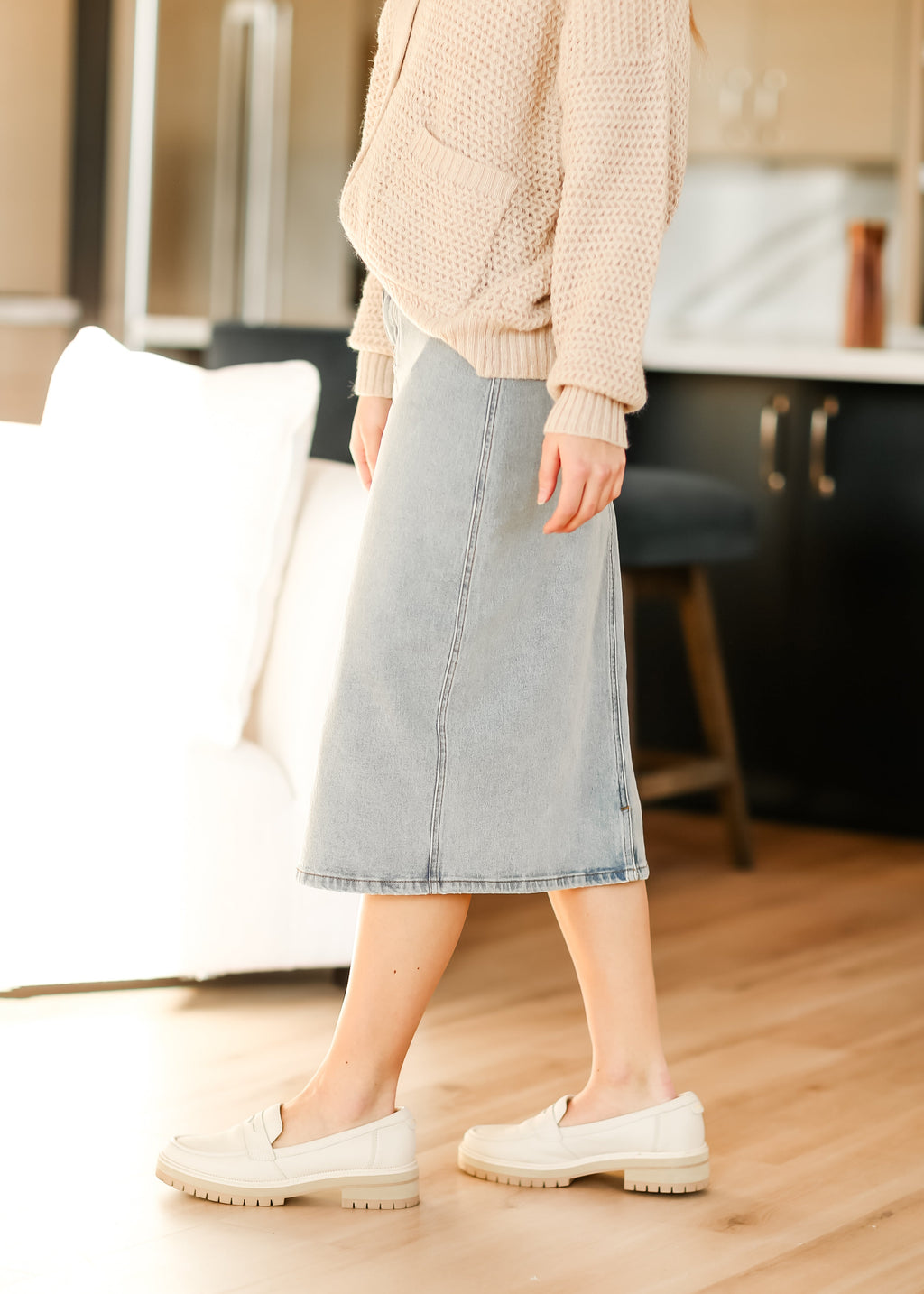 Inherit Co. Greta Light Wash Midi Denim Skirt — fabric or material detail