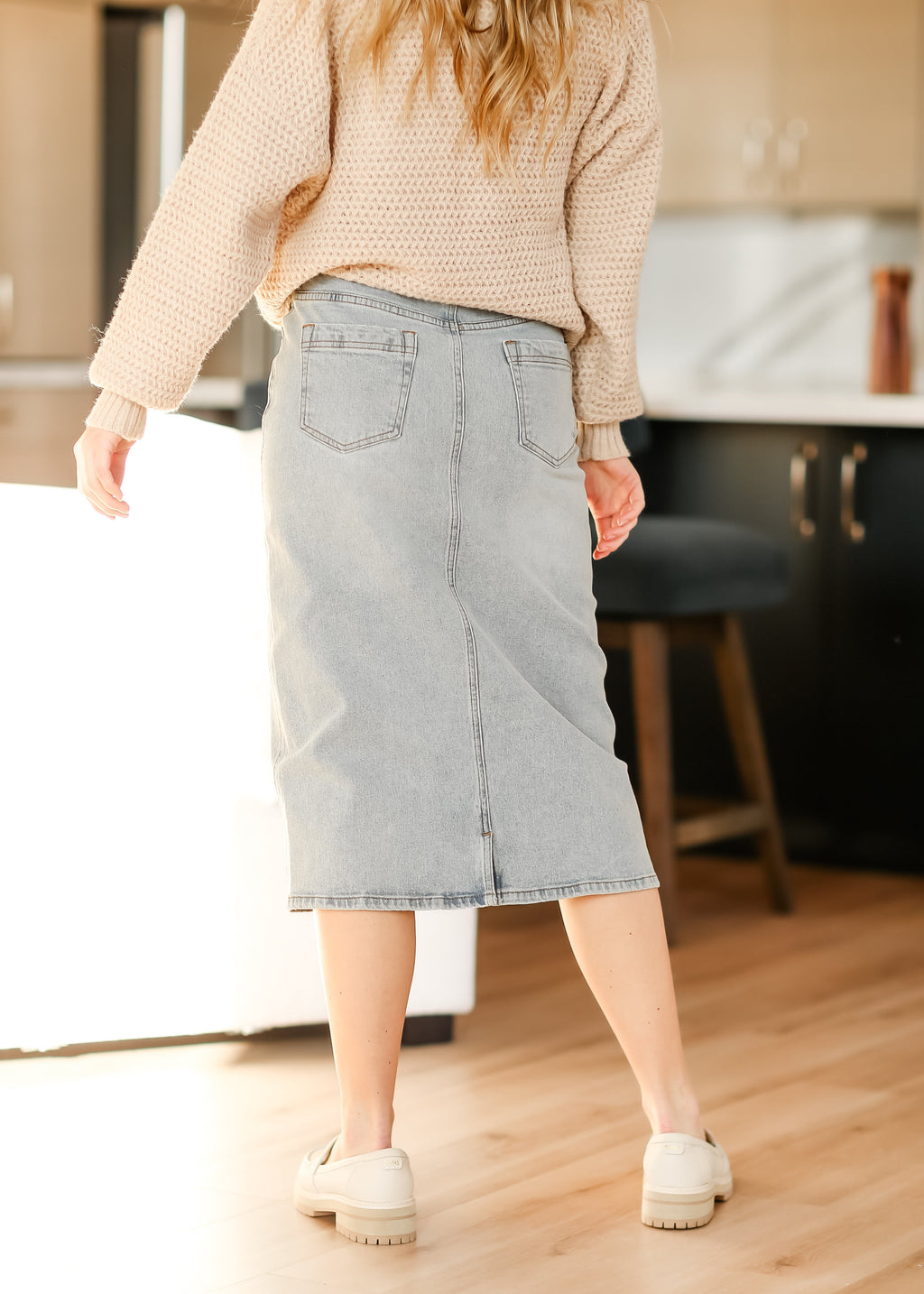 Inherit Co. Greta Light Wash Midi Denim Skirt — comparison shot