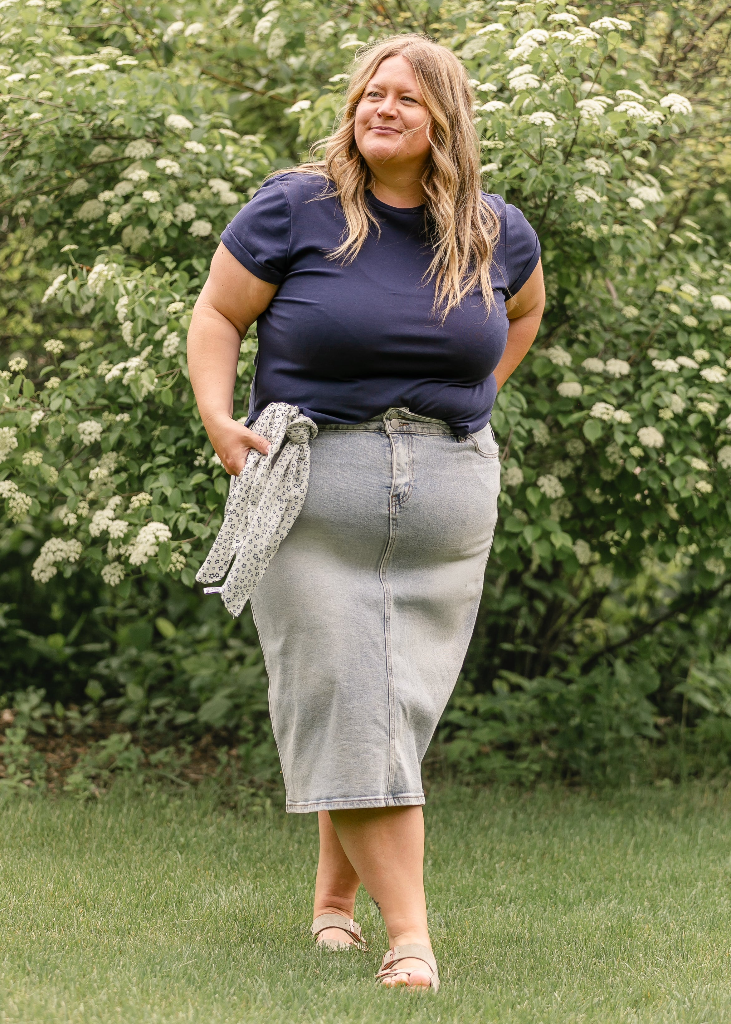 Inherit Co. Greta Light Wash Midi Denim Skirt — feature highlight