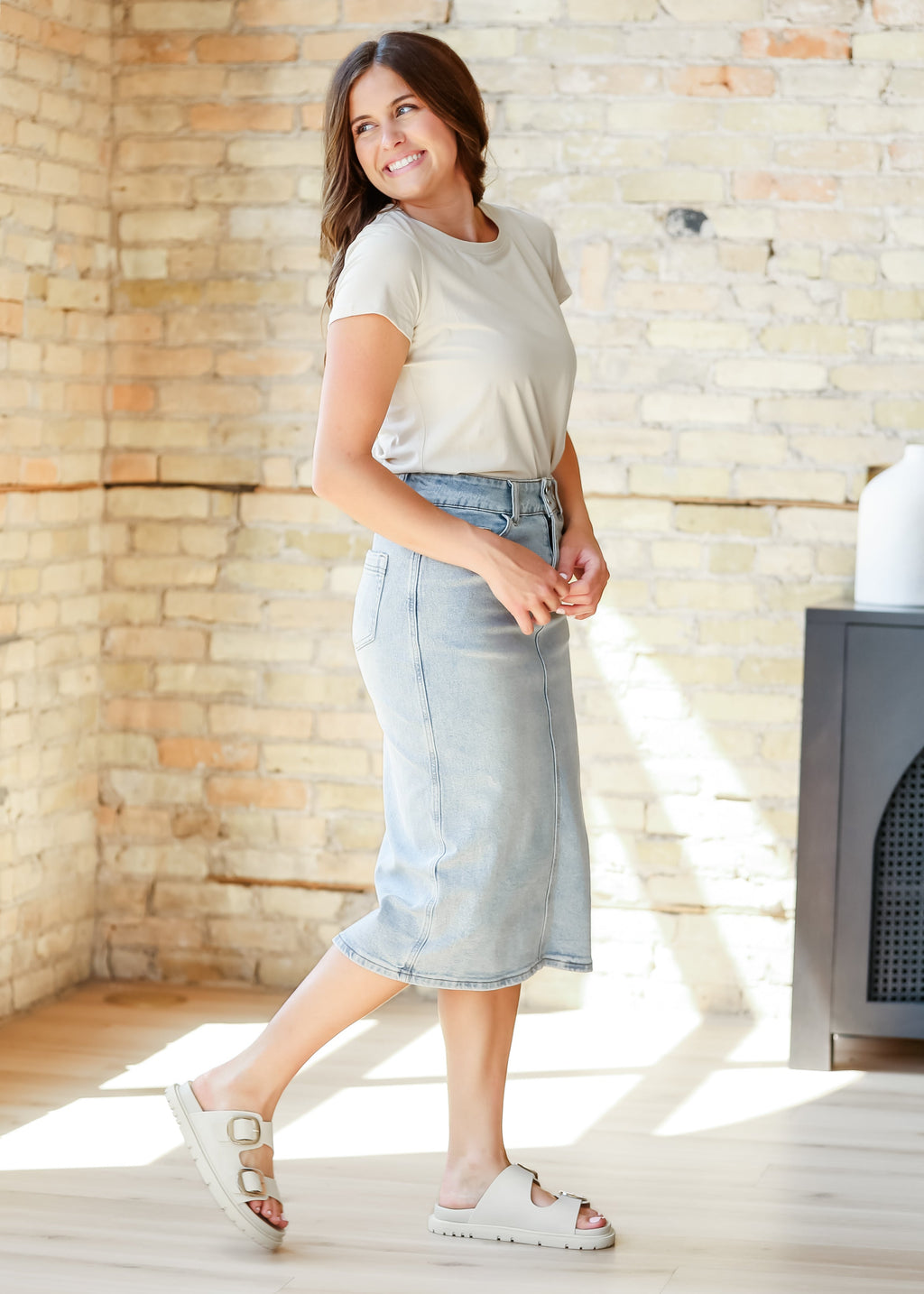 Inherit Co. Greta Light Wash Midi Denim Skirt — main product shot