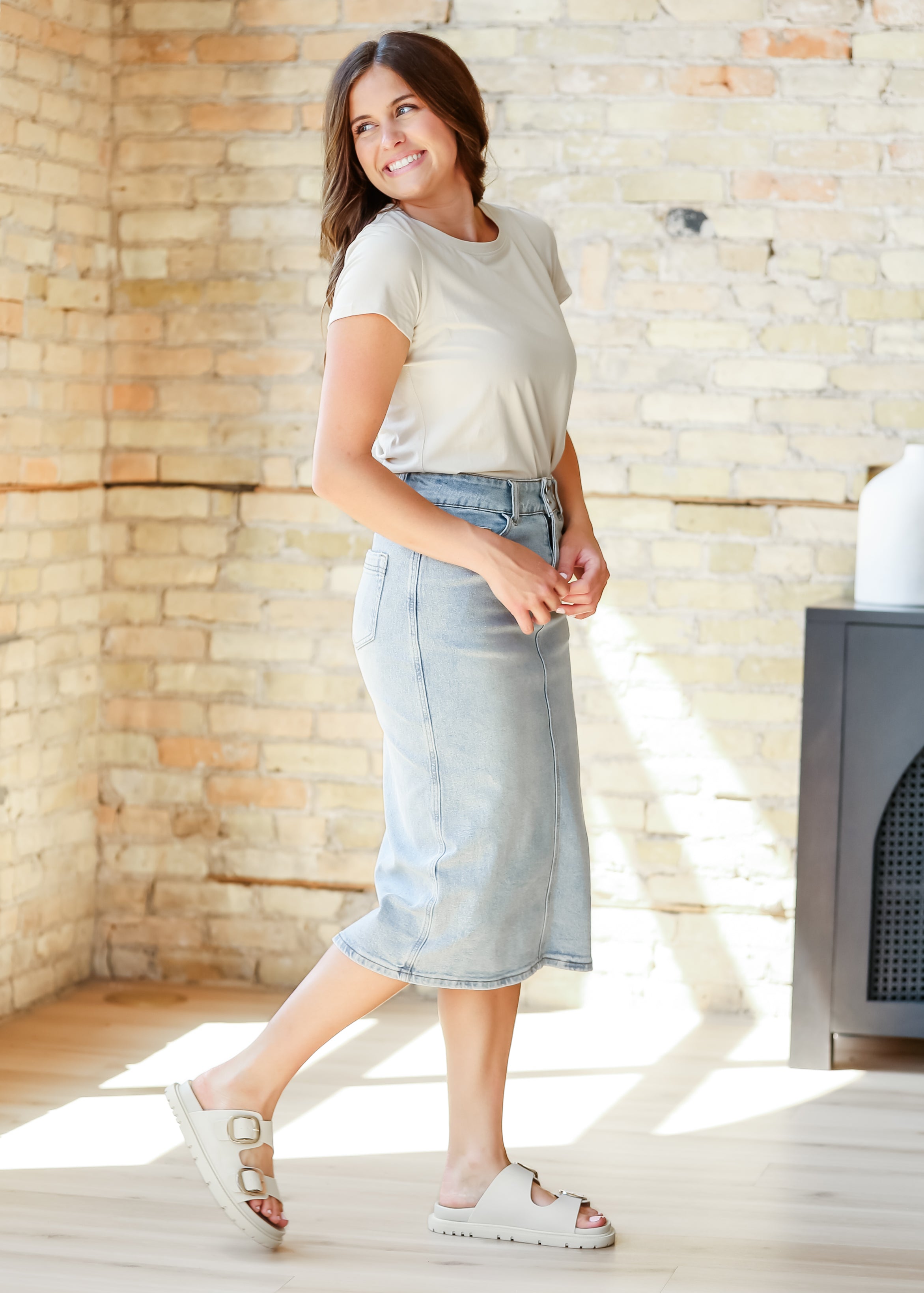 Inherit Co. Greta Light Wash Midi Denim Skirt — main product shot