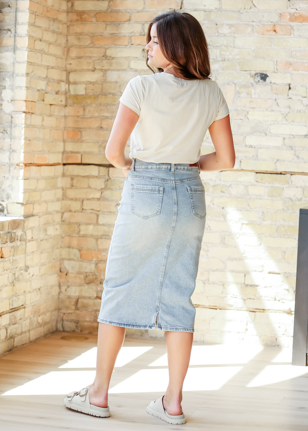 Inherit Co. Greta Light Wash Midi Denim Skirt — detail close-up