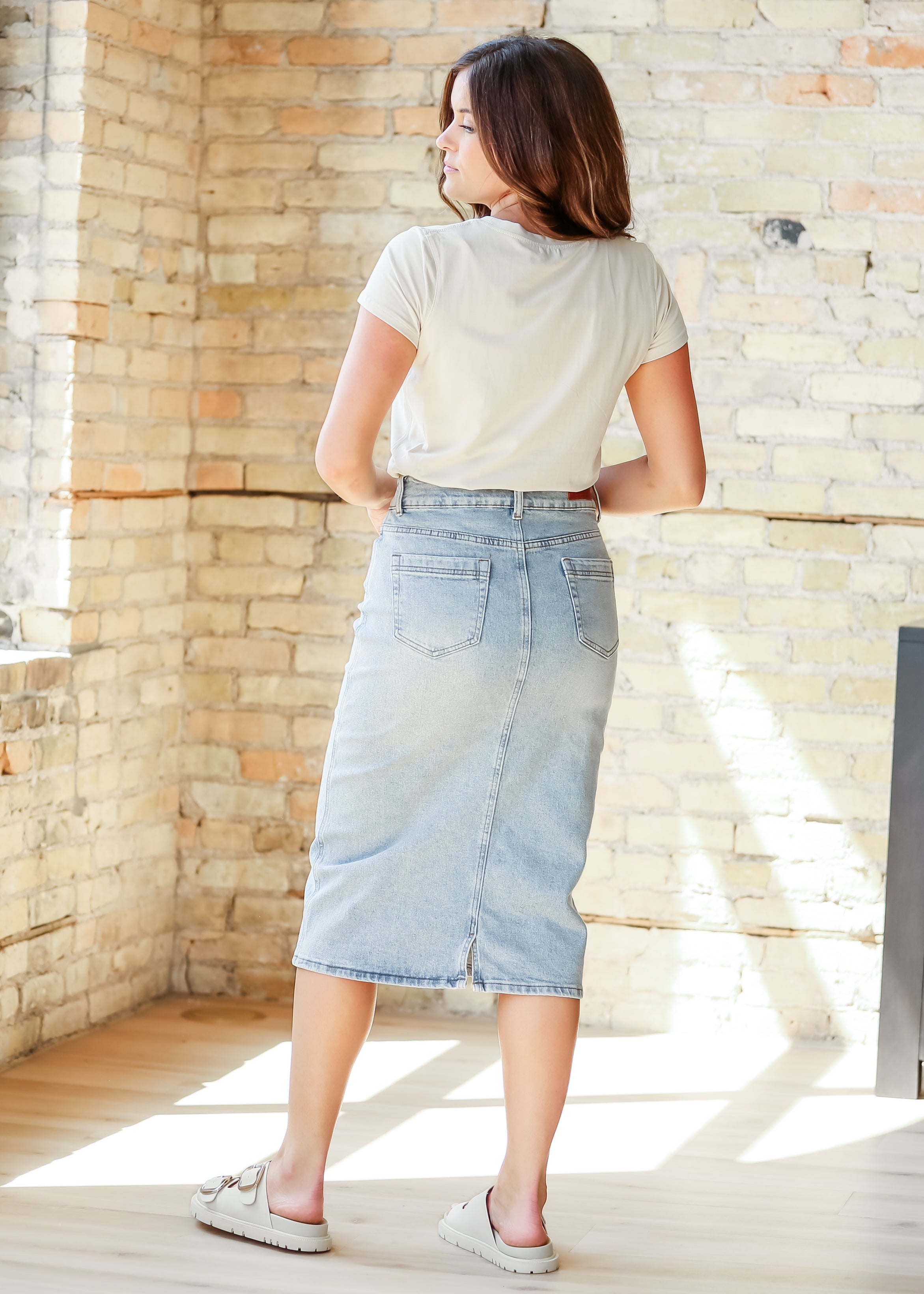 Inherit Co. Greta Light Wash Midi Denim Skirt — detail close-up