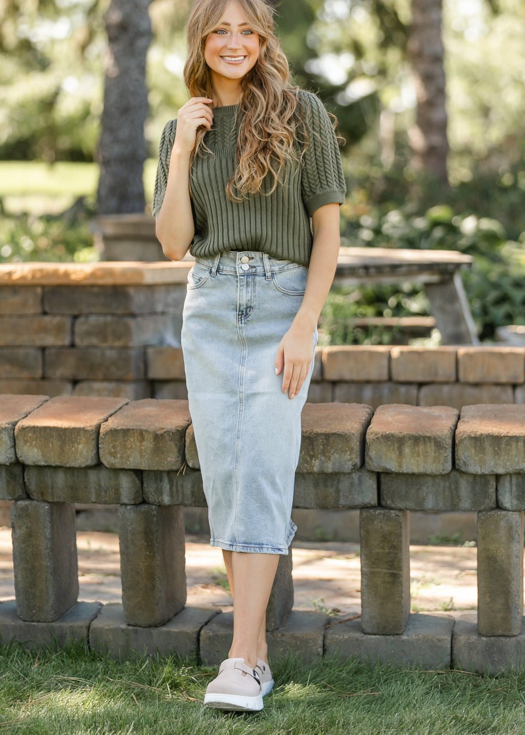 Inherit Co. Greta Light Wash Midi Denim Skirt — alternative angle