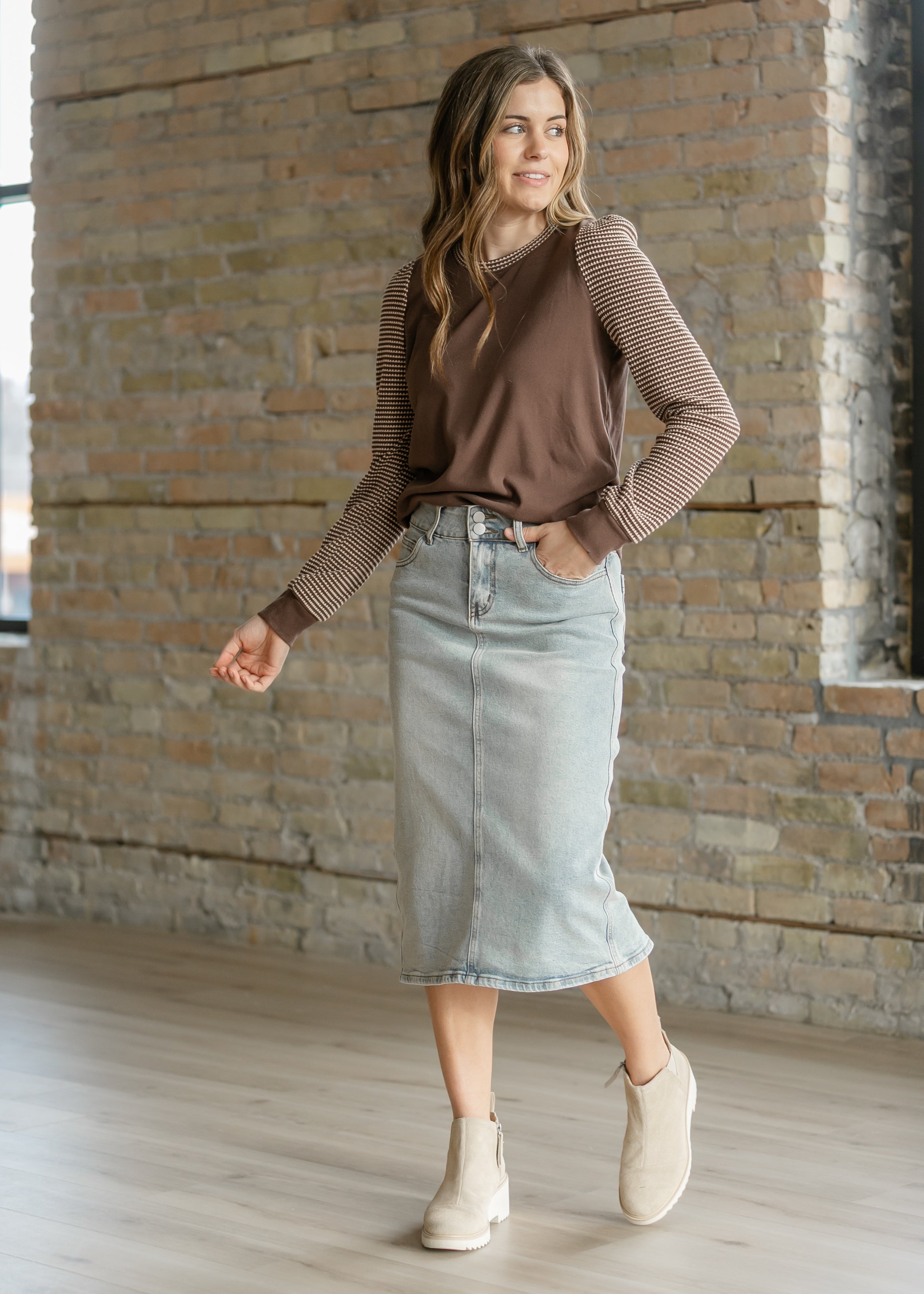 Inherit Co. Greta Light Wash Midi Denim Skirt — detail close-up