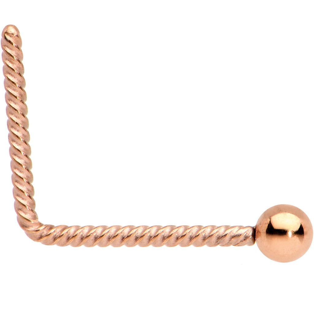 BodyCandy 2mm Ball End Rose Gold IP So Twisted L Shaped Nose Ring — detail and construction