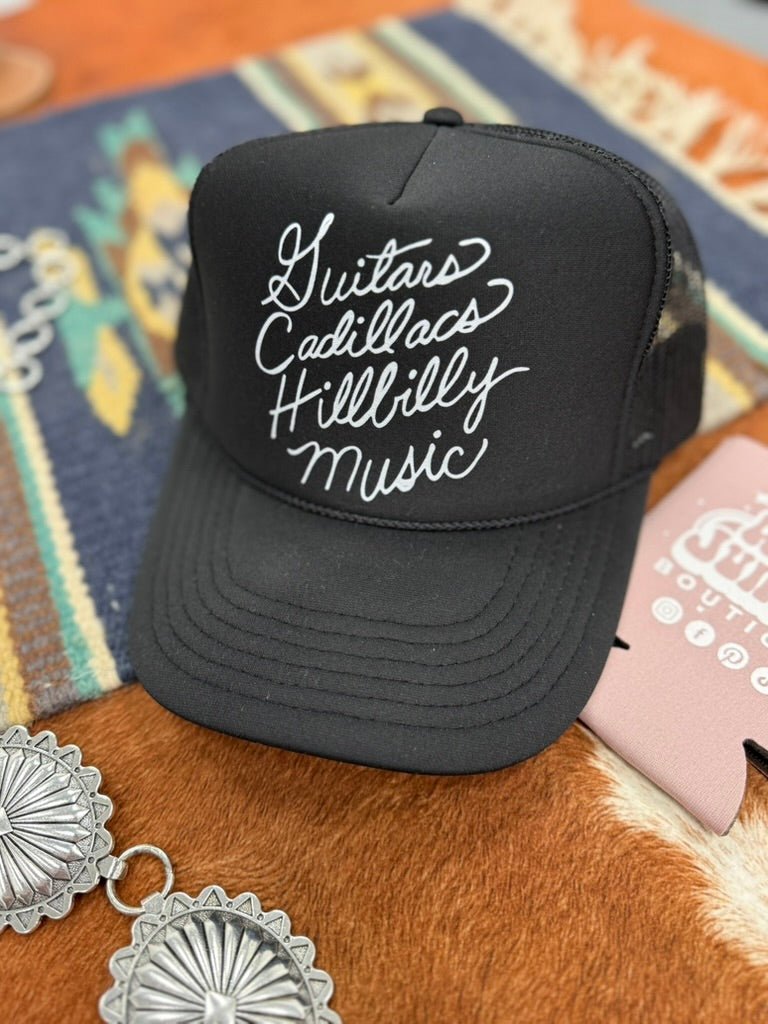 Wild Junkie Guitars Cadillacs Trucker Hat — Wild Junkie branding close-up