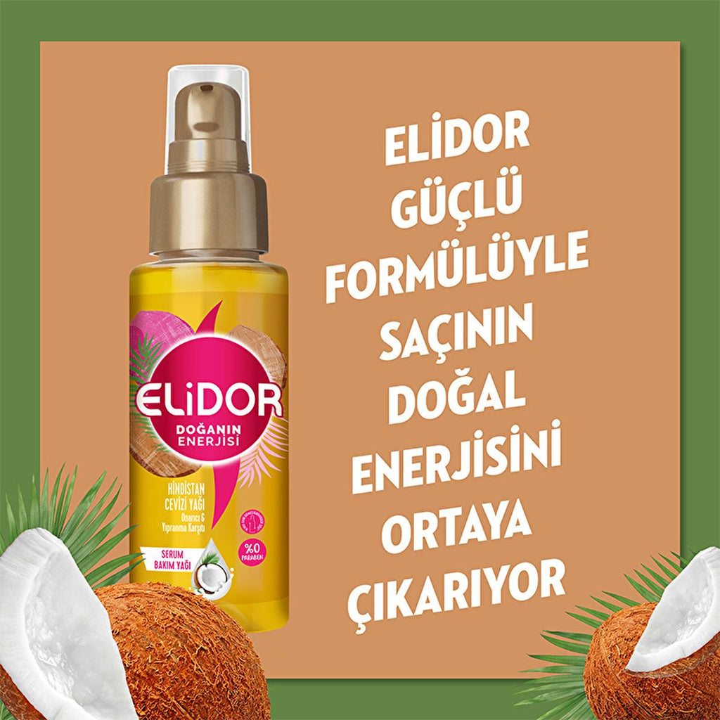 Elidor Coconut Oil Hair Serum: Damage Repair, Strengthening & Shine - Natural, Paraben-Free Formula, Lightweight & Nourishing - 2.7 fl oz