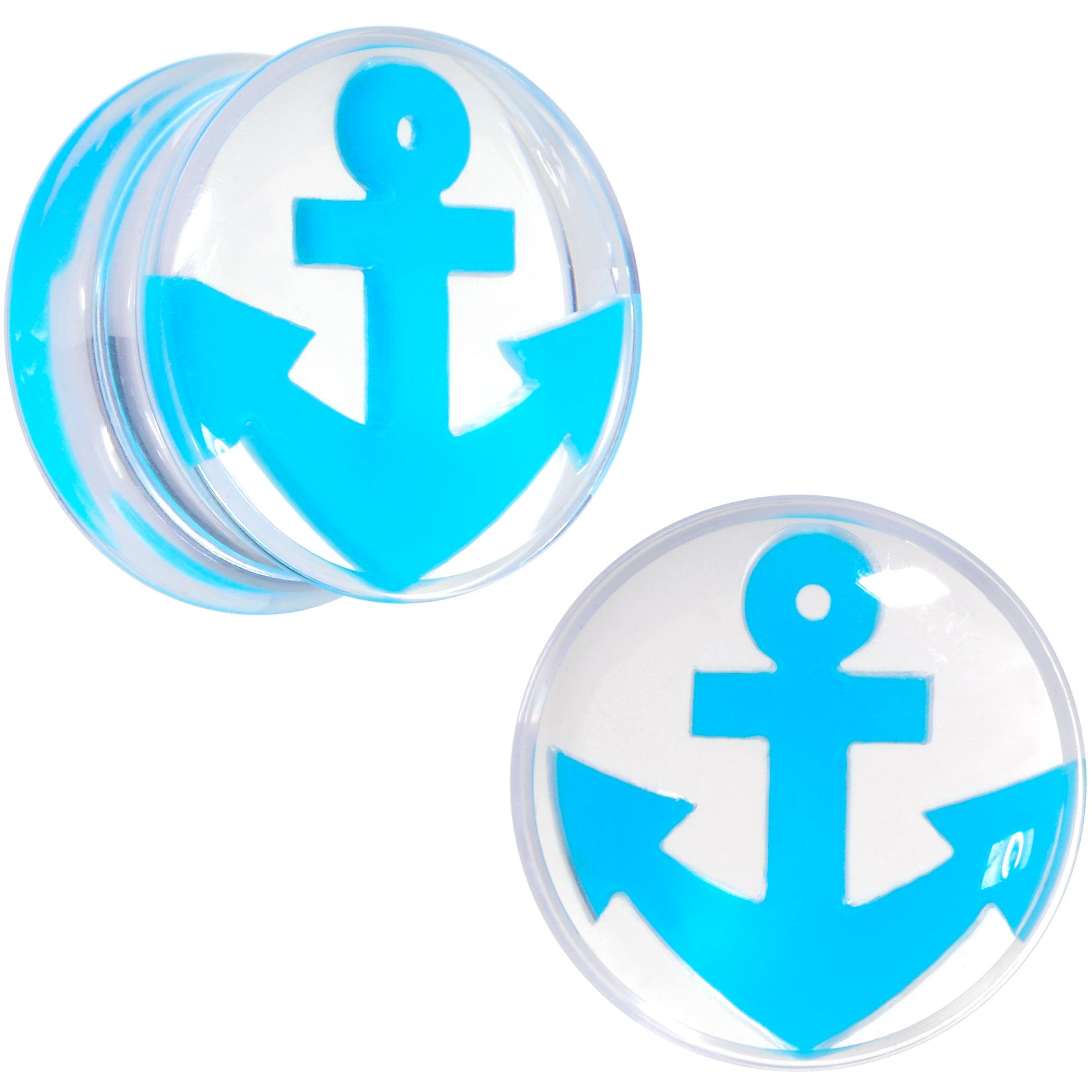 BodyCandy Clear Acrylic Double Flare Turquoise Blue Anchor Saddle Plug Set 6mm to 20mm — back view