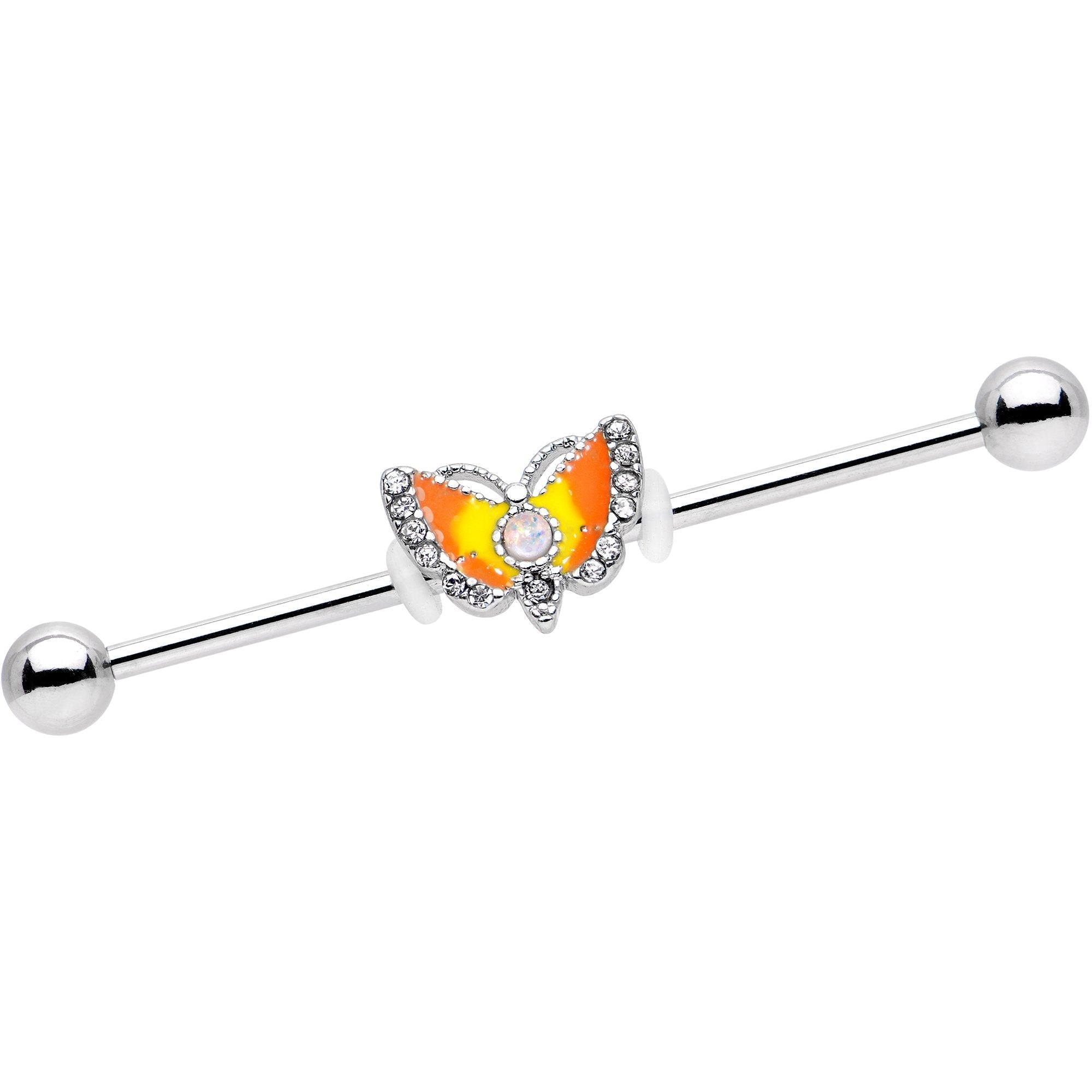 BodyCandy White Faux Opal Orange Moth To a Flame Industrial Barbell 38mm — main product shot